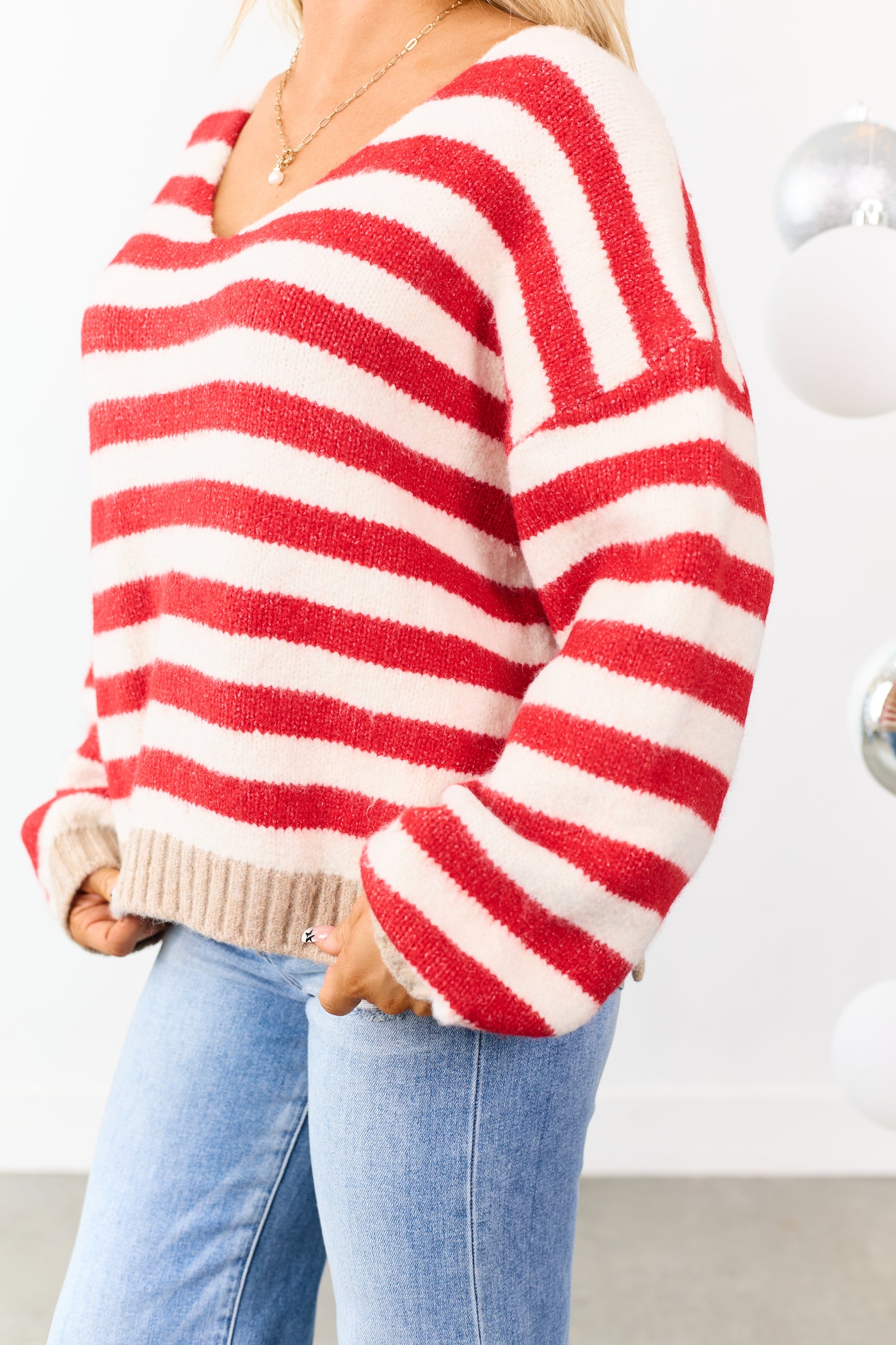 Ruby and Ivory Striped Wide V Neck Sweater