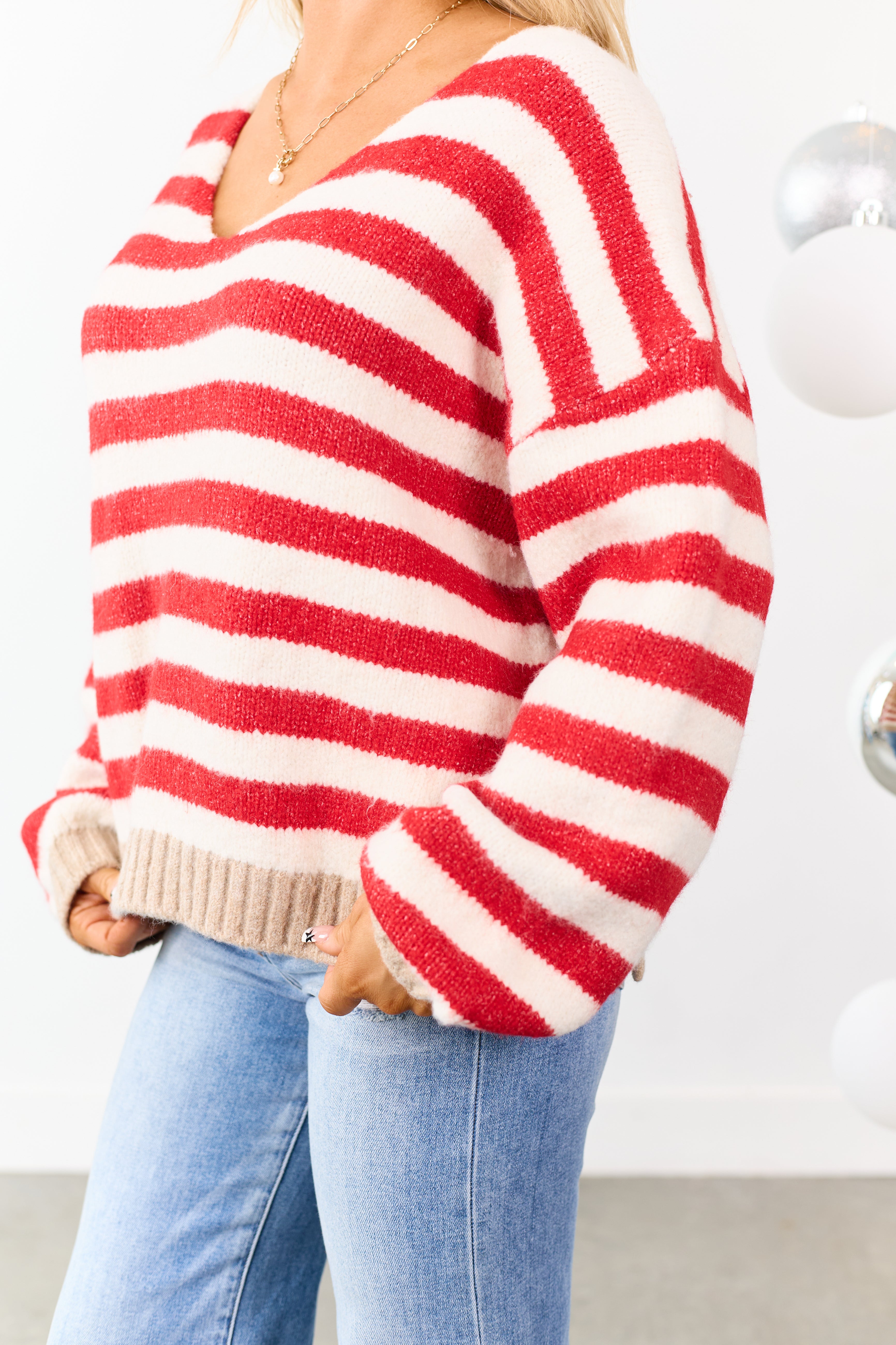 Ruby and Ivory Striped Wide V Neck Sweater