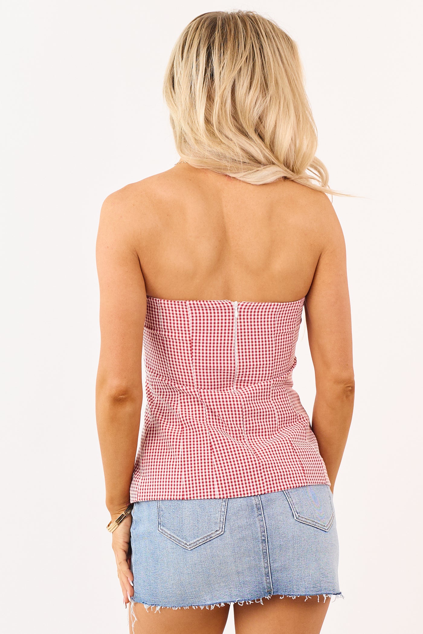 Ruby and Vanilla Gingham Strapless Knit Top