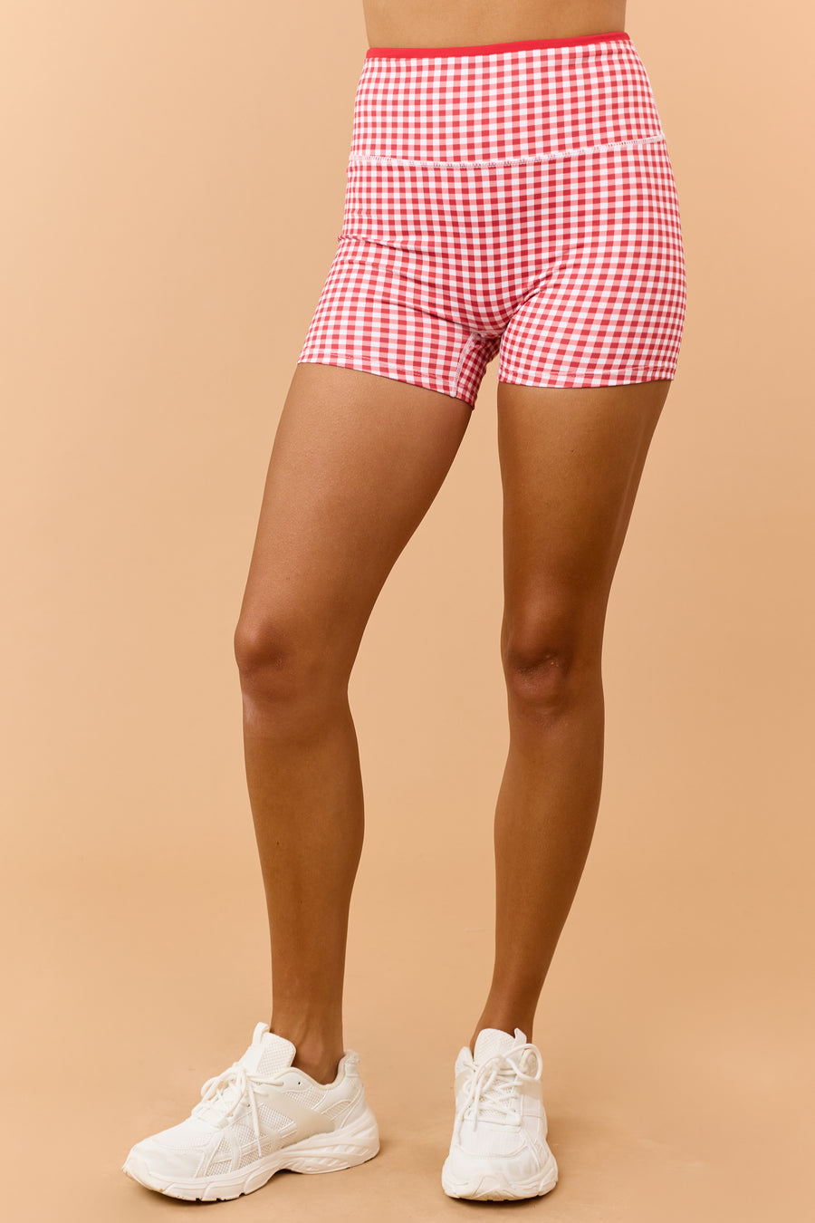 Ruby and White Gingham Fitted Knit Biker Shorts