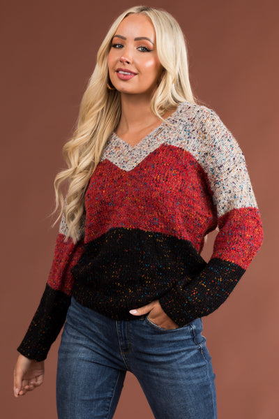 Rust Block Stripe Confetti Knit Sweater