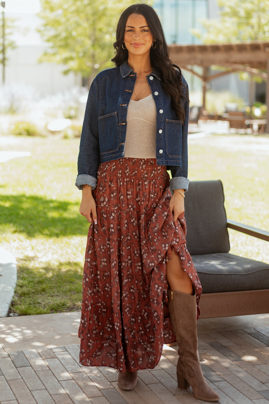 Rust Floral Print Smocked Waist Maxi Skirt