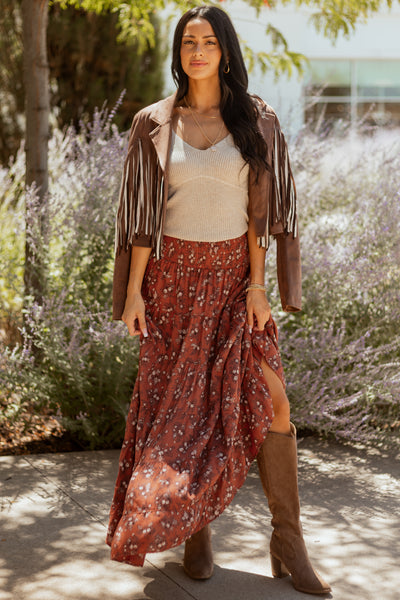 Rust Floral Print Smocked Waist Maxi Skirt