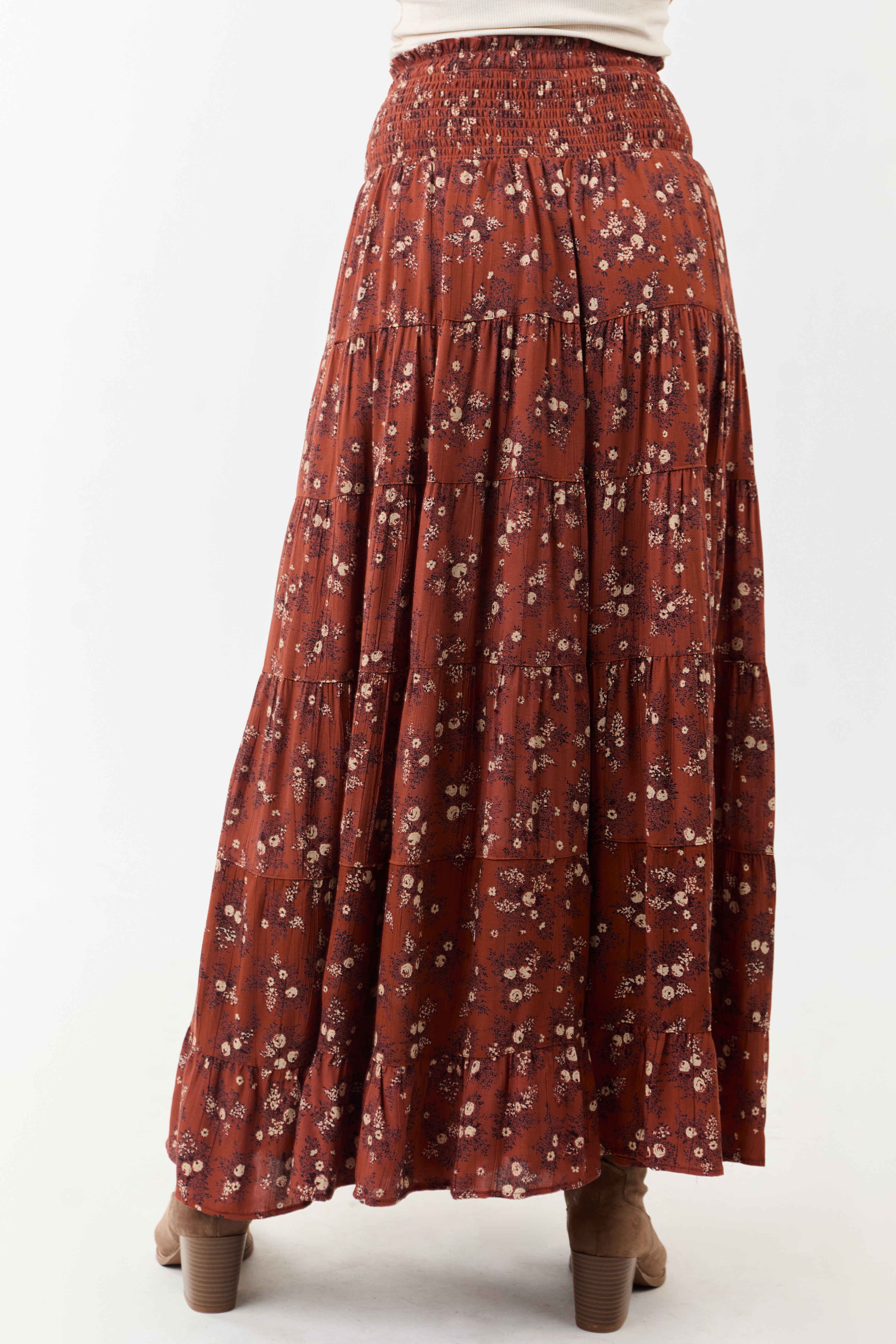 Rust Floral Print Smocked Waist Maxi Skirt