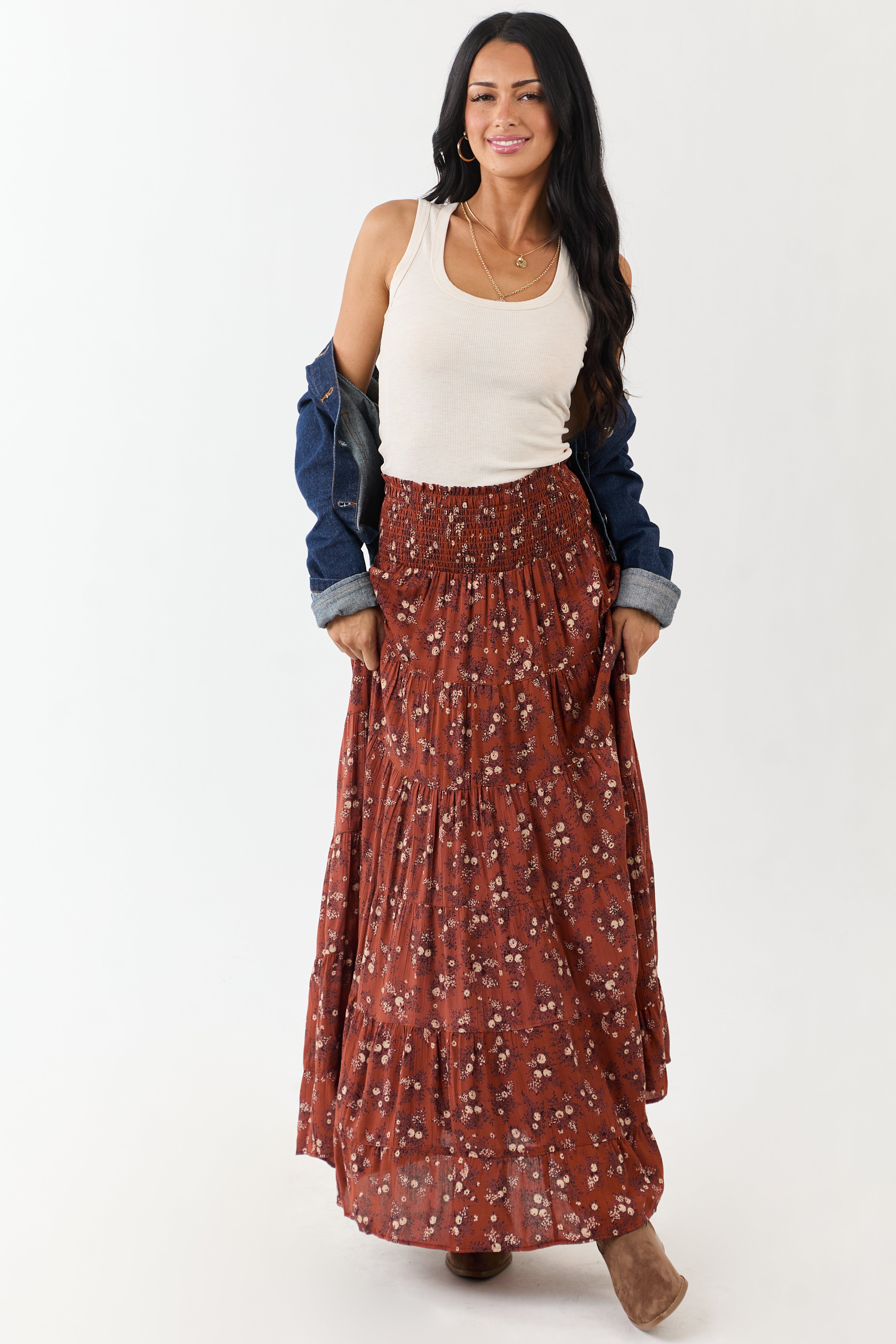 Rust Floral Print Smocked Waist Maxi Skirt