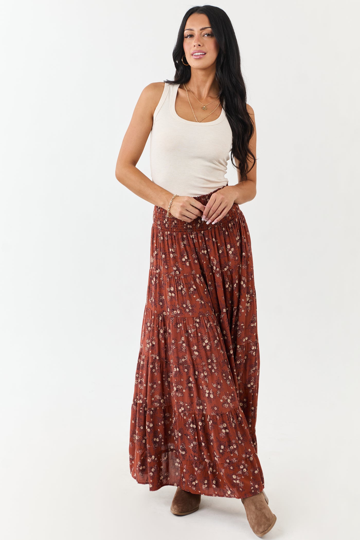 Rust Floral Print Smocked Waist Maxi Skirt