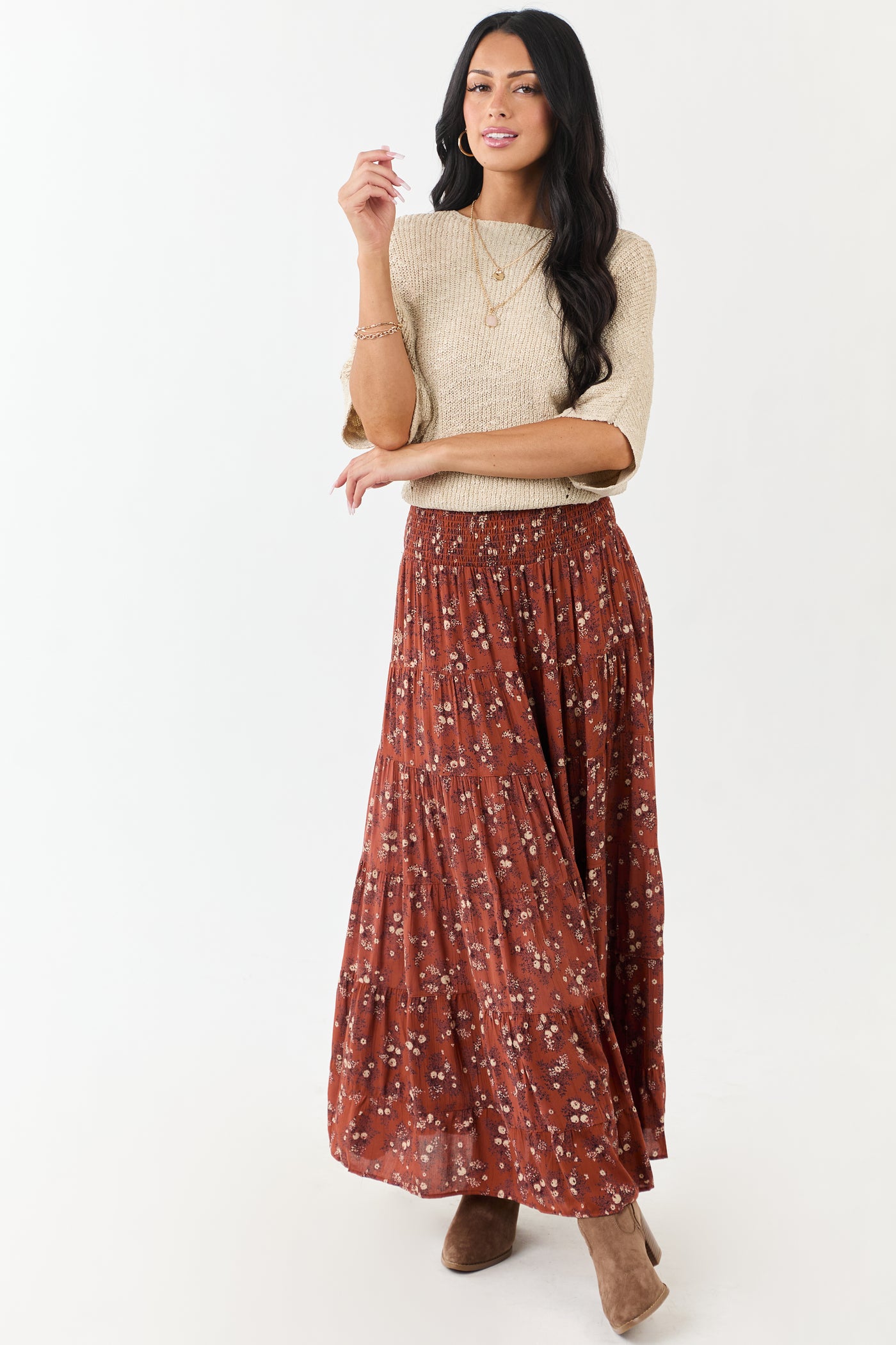 Rust Floral Print Smocked Waist Maxi Skirt