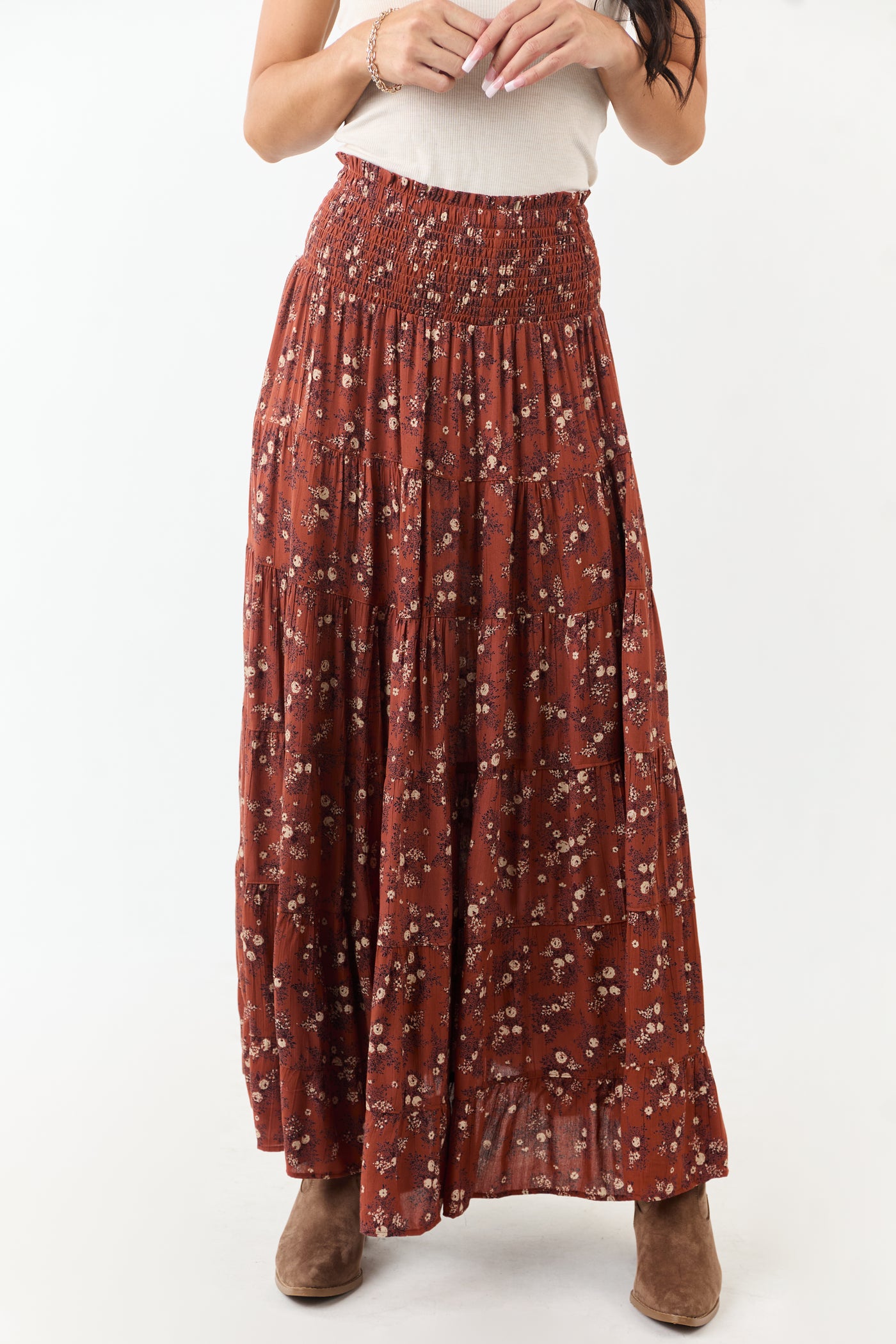 Rust Floral Print Smocked Waist Maxi Skirt