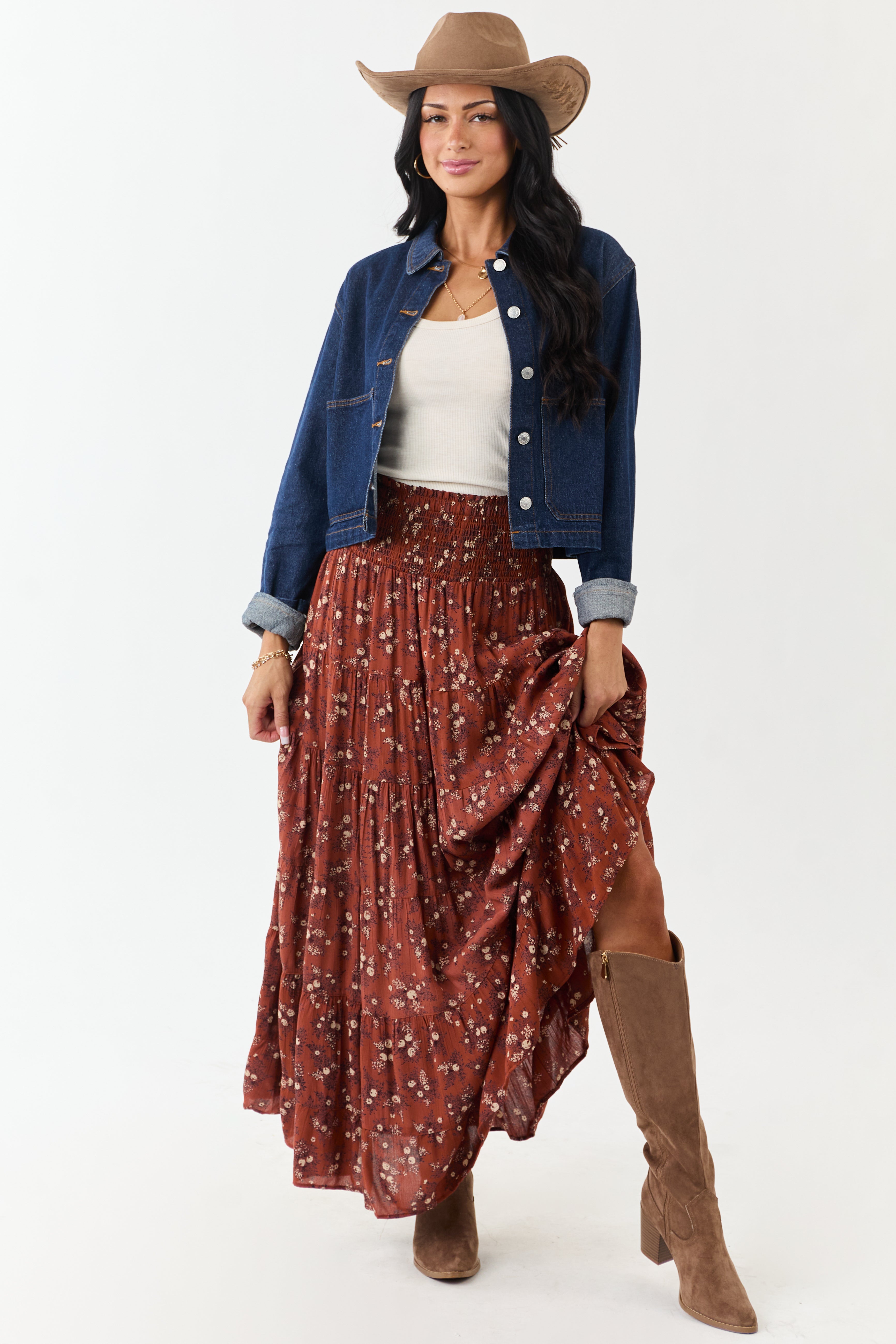 Rust Floral Print Smocked Waist Maxi Skirt