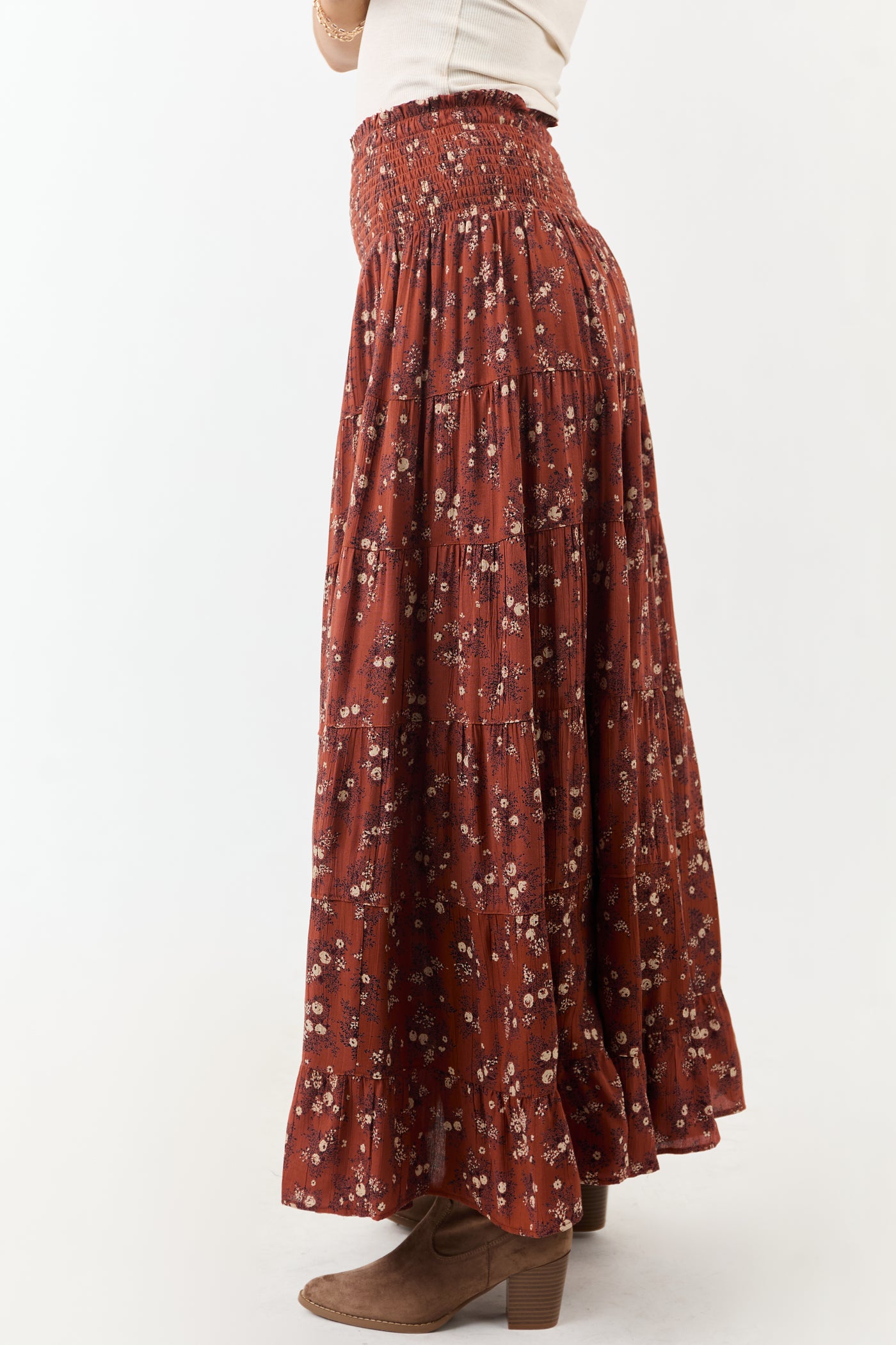 Rust Floral Print Smocked Waist Maxi Skirt