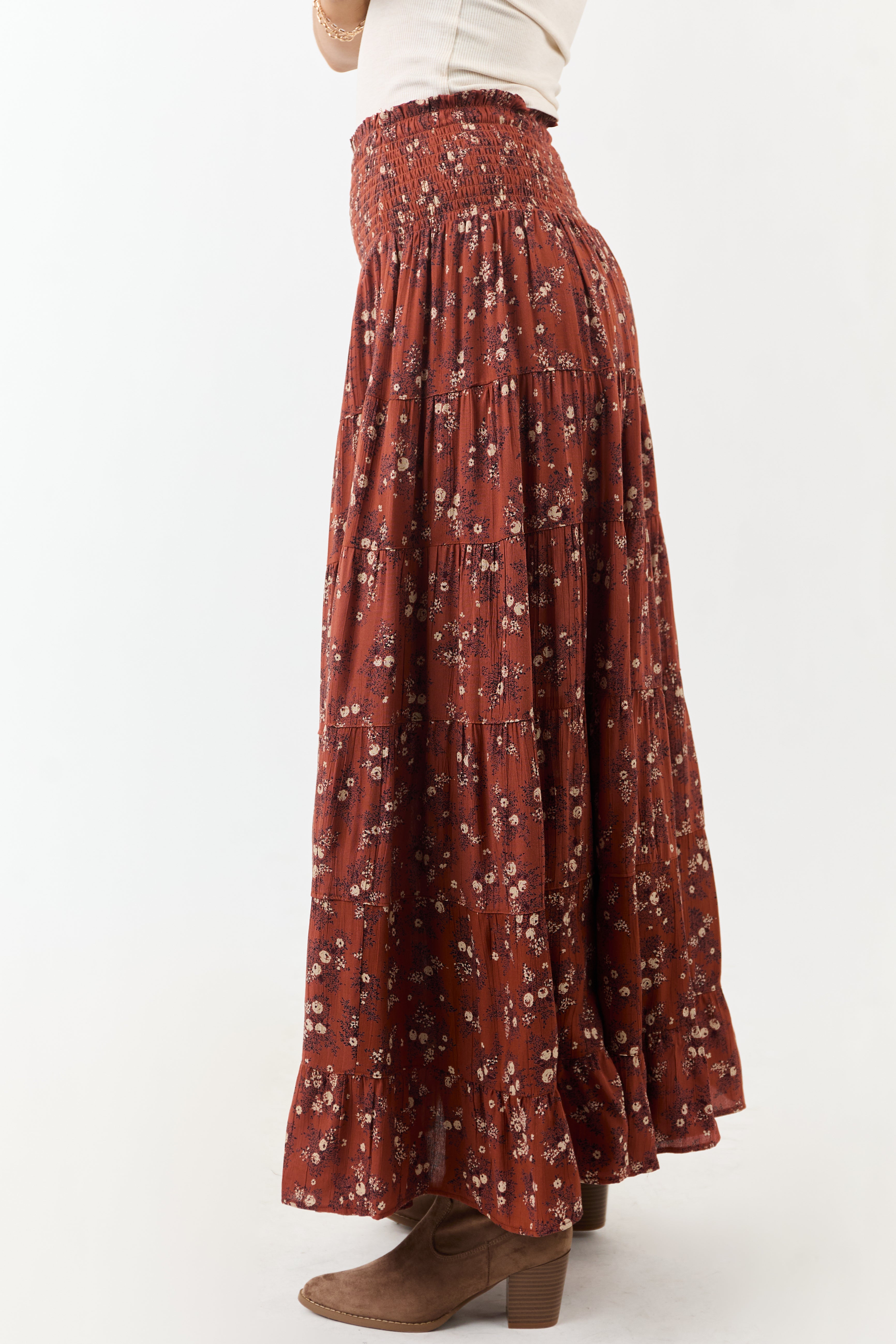 Rust Floral Print Smocked Waist Maxi Skirt