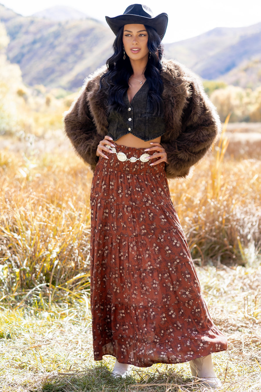 Rust Floral Print Smocked Waist Maxi Skirt