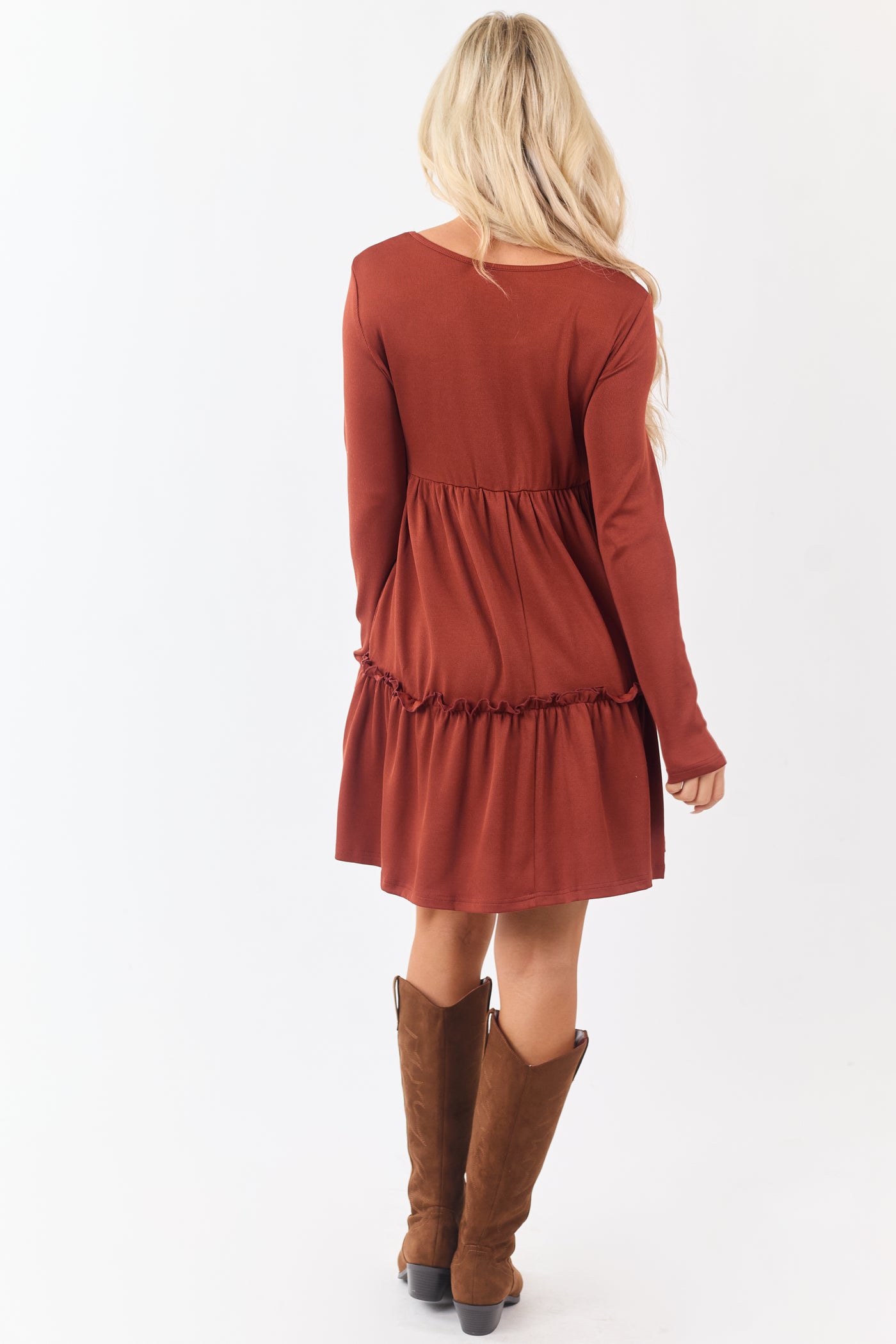 Rust Long Sleeve Frill Tiered Mini Dress