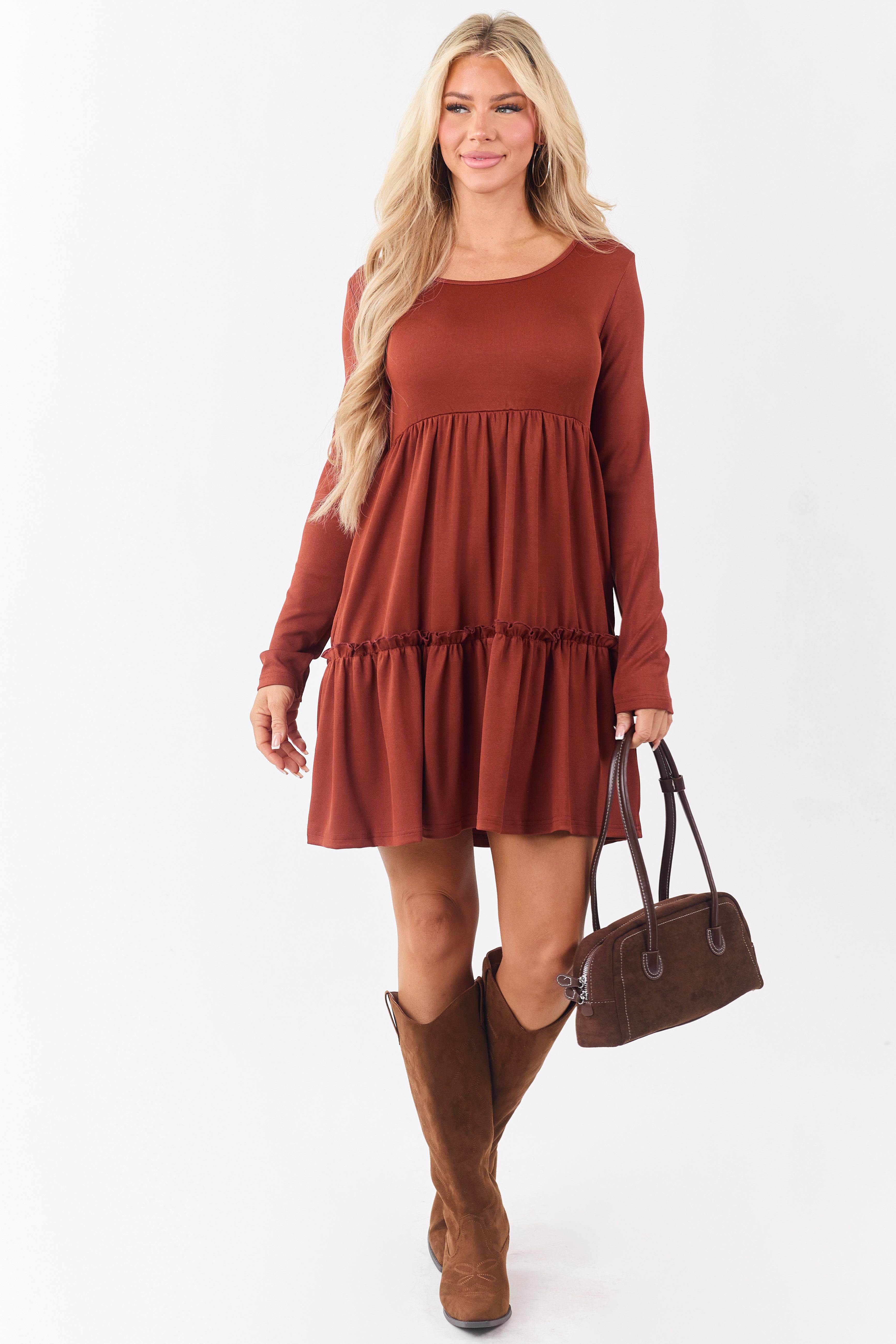 Rust Long Sleeve Frill Tiered Mini Dress