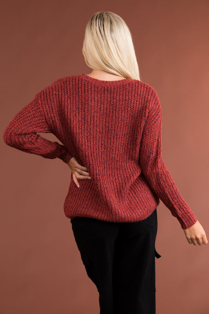 Rust Multicolored Yarn Long Sleeve Knit Sweater