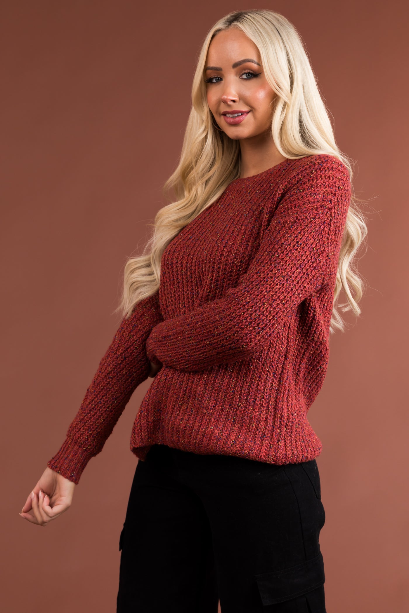 Rust Multicolored Yarn Long Sleeve Knit Sweater