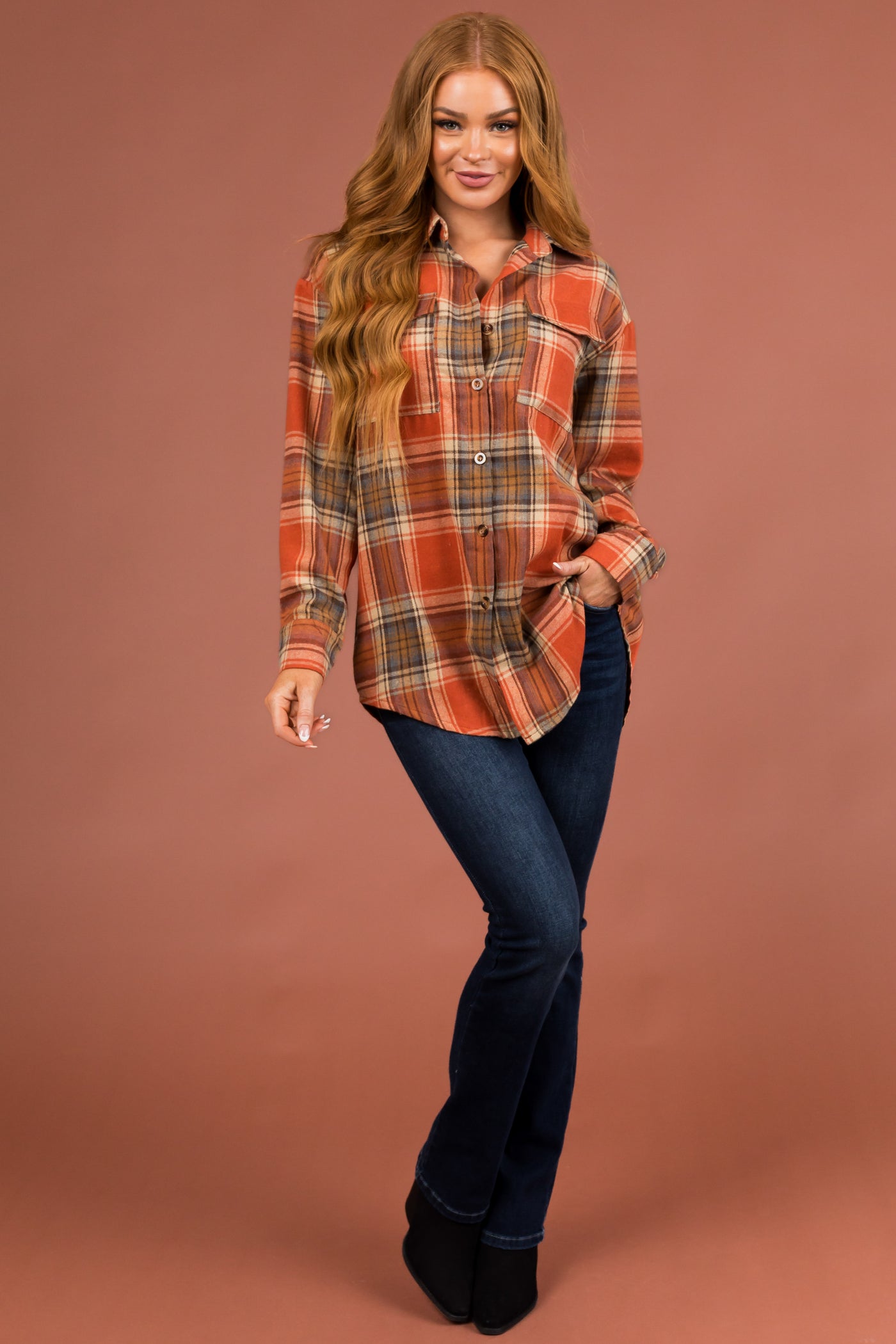 Rust Plaid Button Up Collared Long Sleeve Top