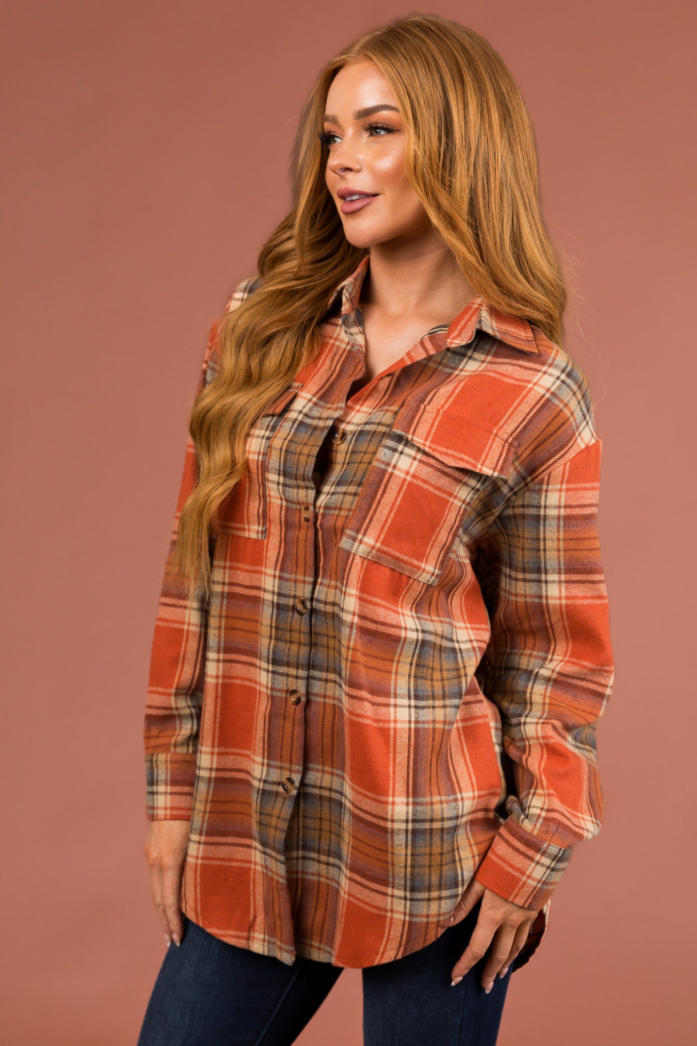 Rust Plaid Button Up Collared Long Sleeve Top