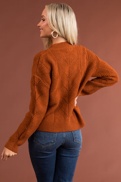 Rust Pointelle Button Down Long Sleeve Cardigan