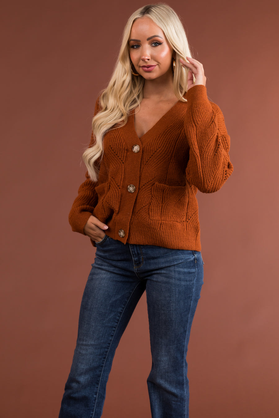 Rust Pointelle Button Down Long Sleeve Cardigan