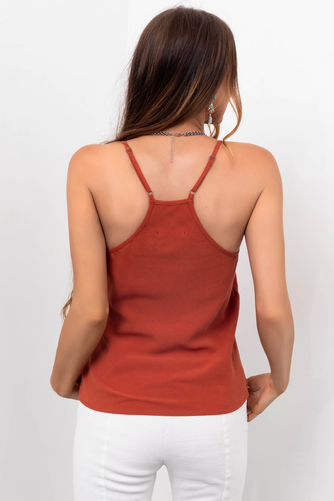 Rust Racerback V Neck Linen Tank Top