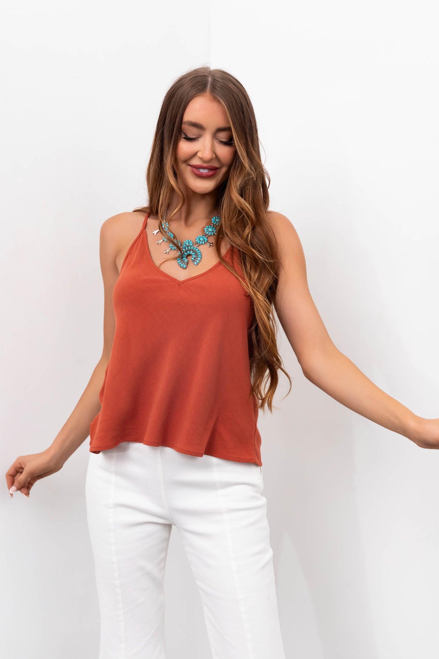 Rust Racerback V Neck Linen Tank Top