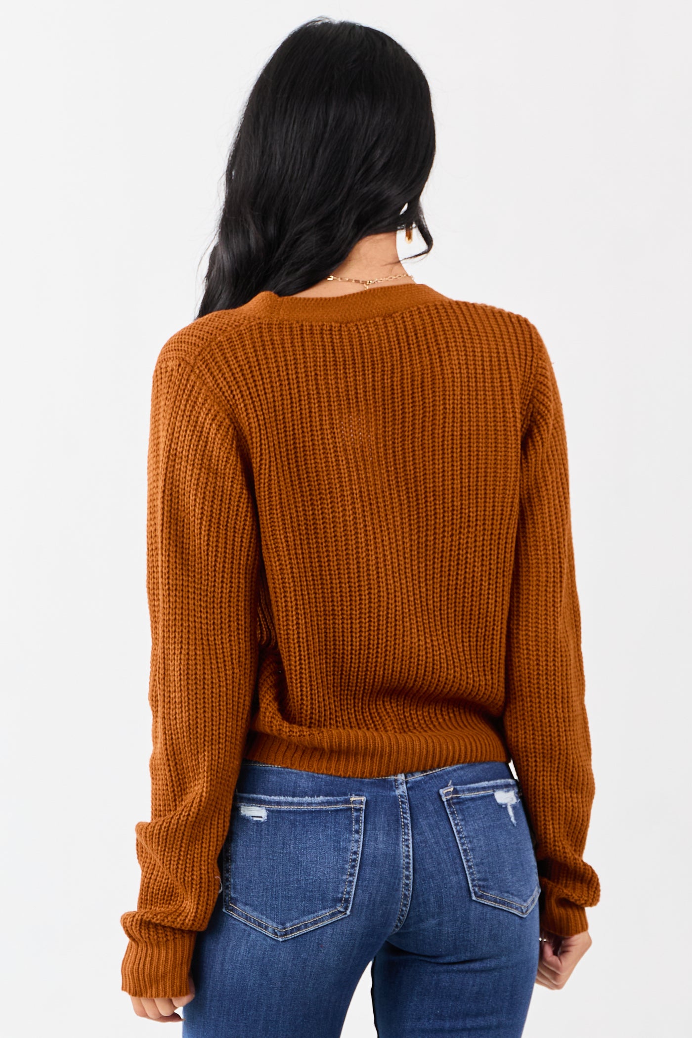 Rust Rib Knit Button Down Bow Sweater Cardigan