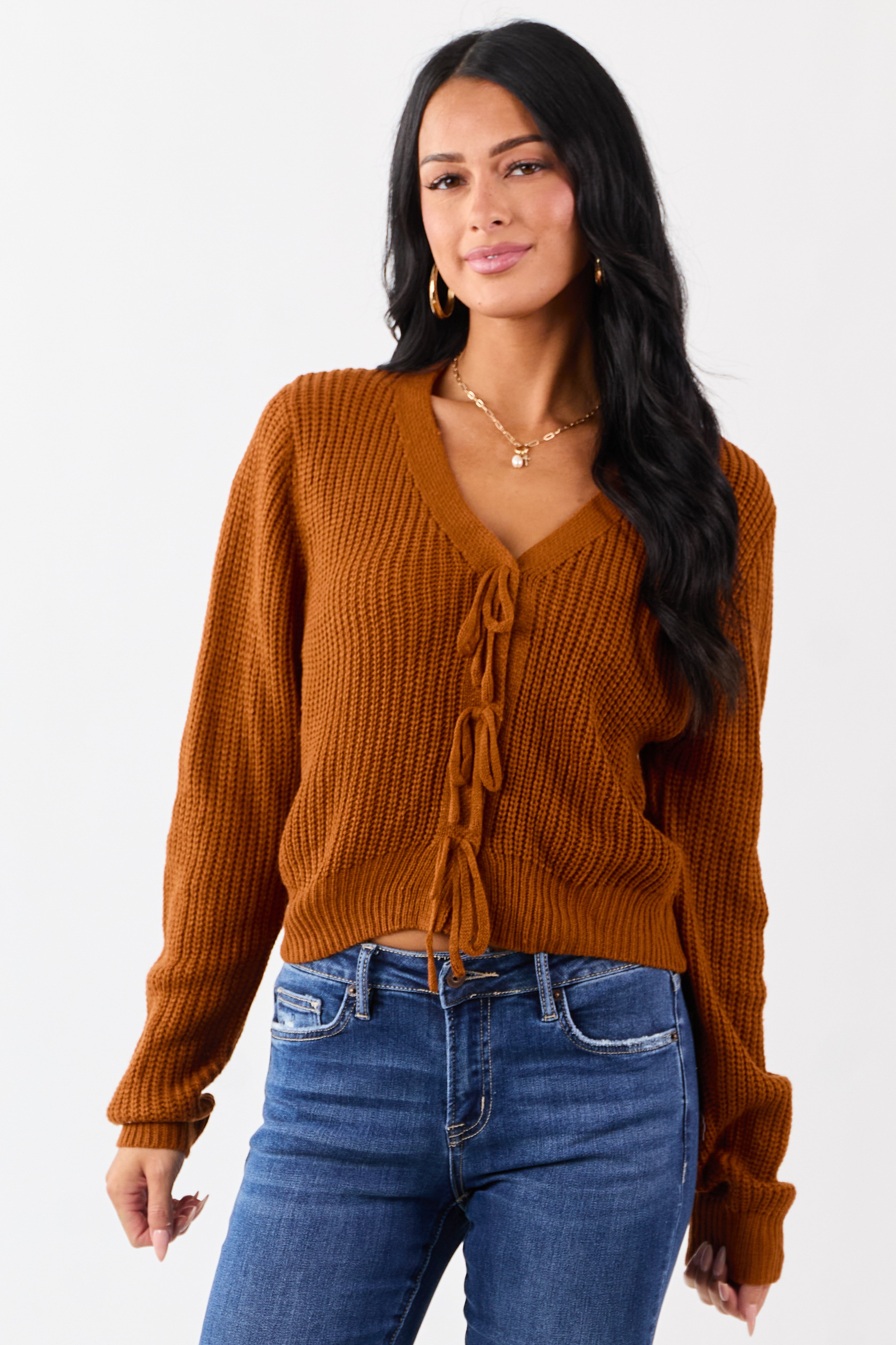 Rust Rib Knit Button Down Bow Sweater Cardigan | Lime Lush Boutique