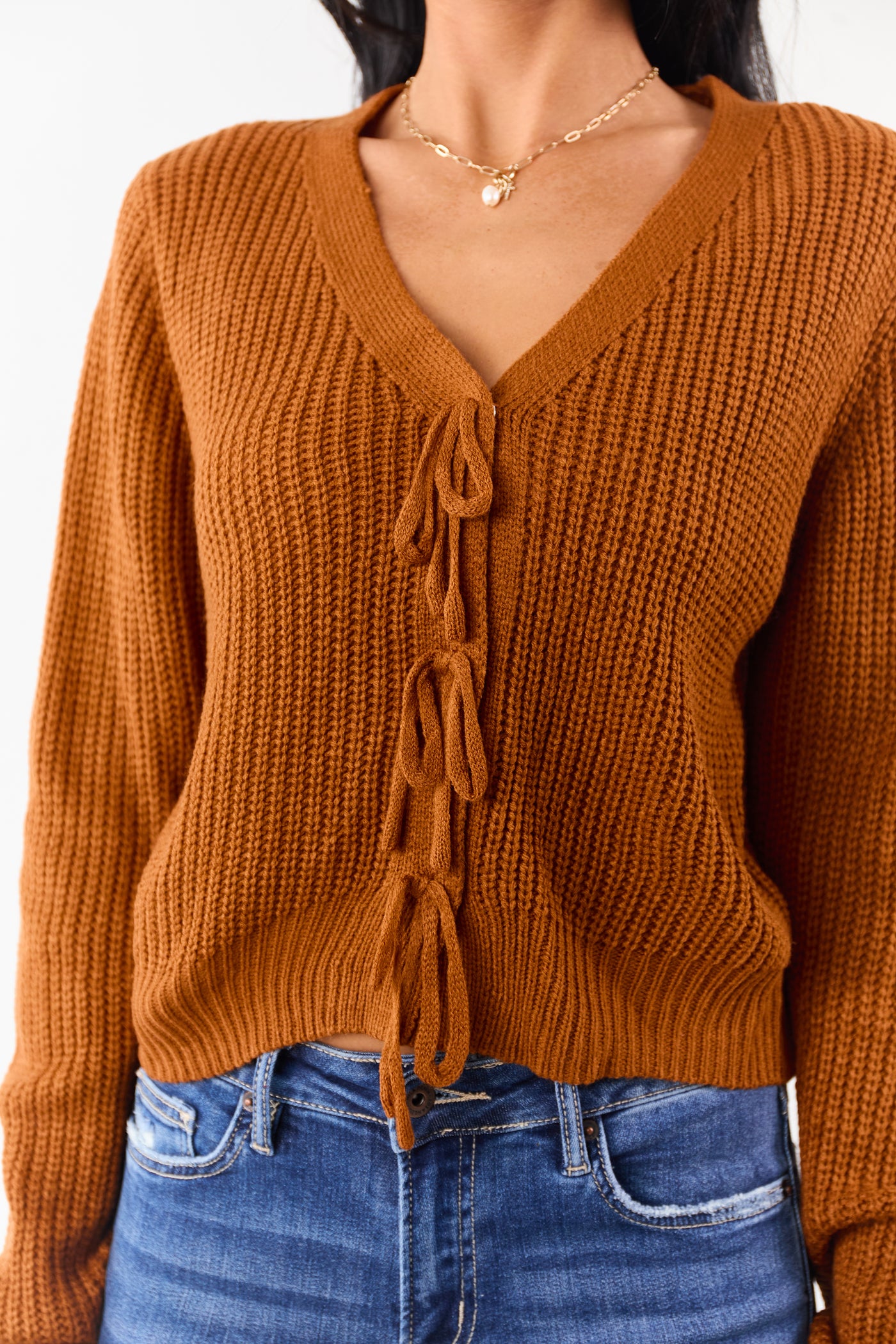 Rust Rib Knit Button Down Bow Sweater Cardigan