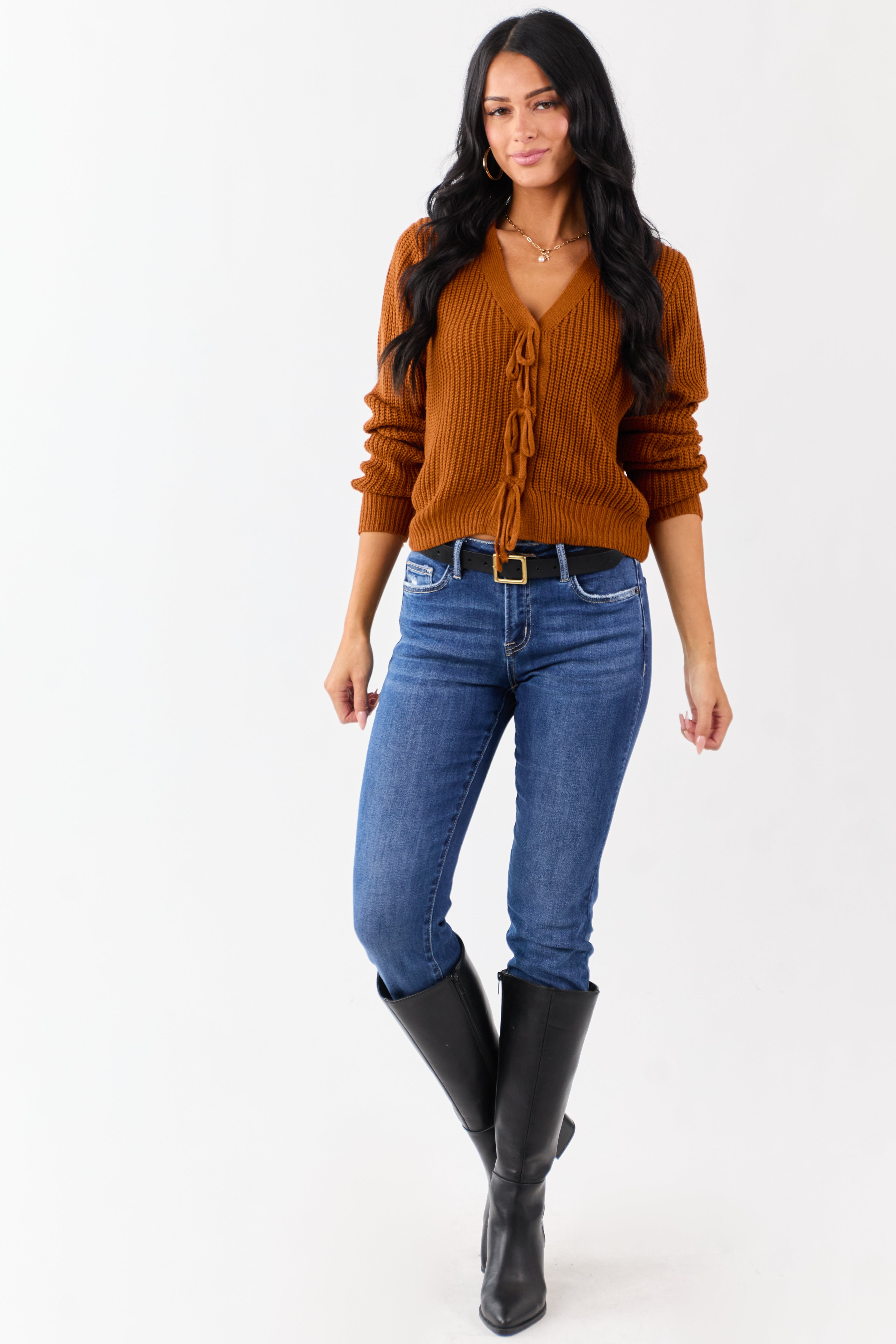 Rust Rib Knit Button Down Bow Sweater Cardigan