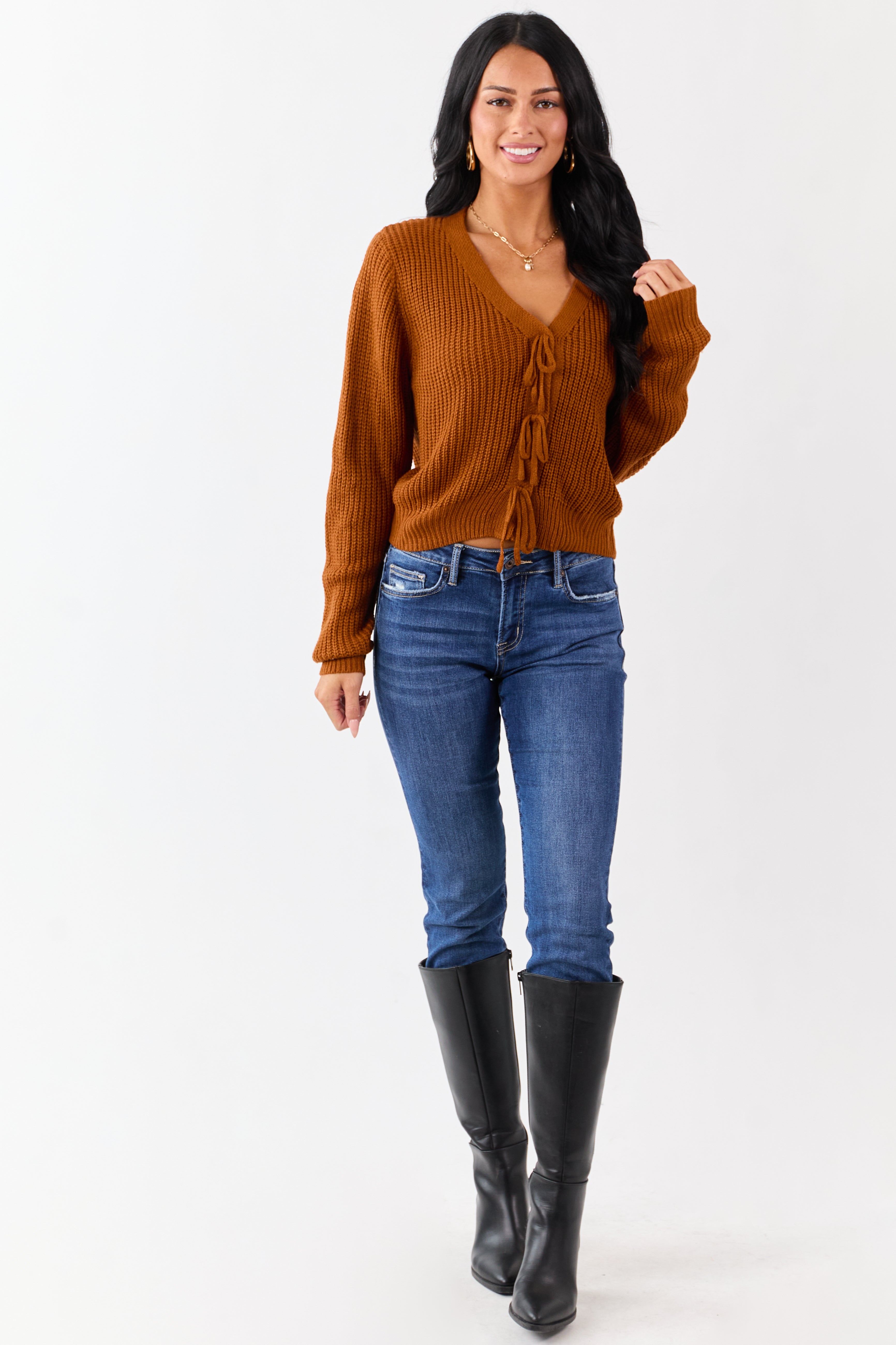 Rust Rib Knit Button Down Bow Sweater Cardigan