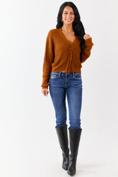 Rust Rib Knit Button Down Bow Sweater Cardigan