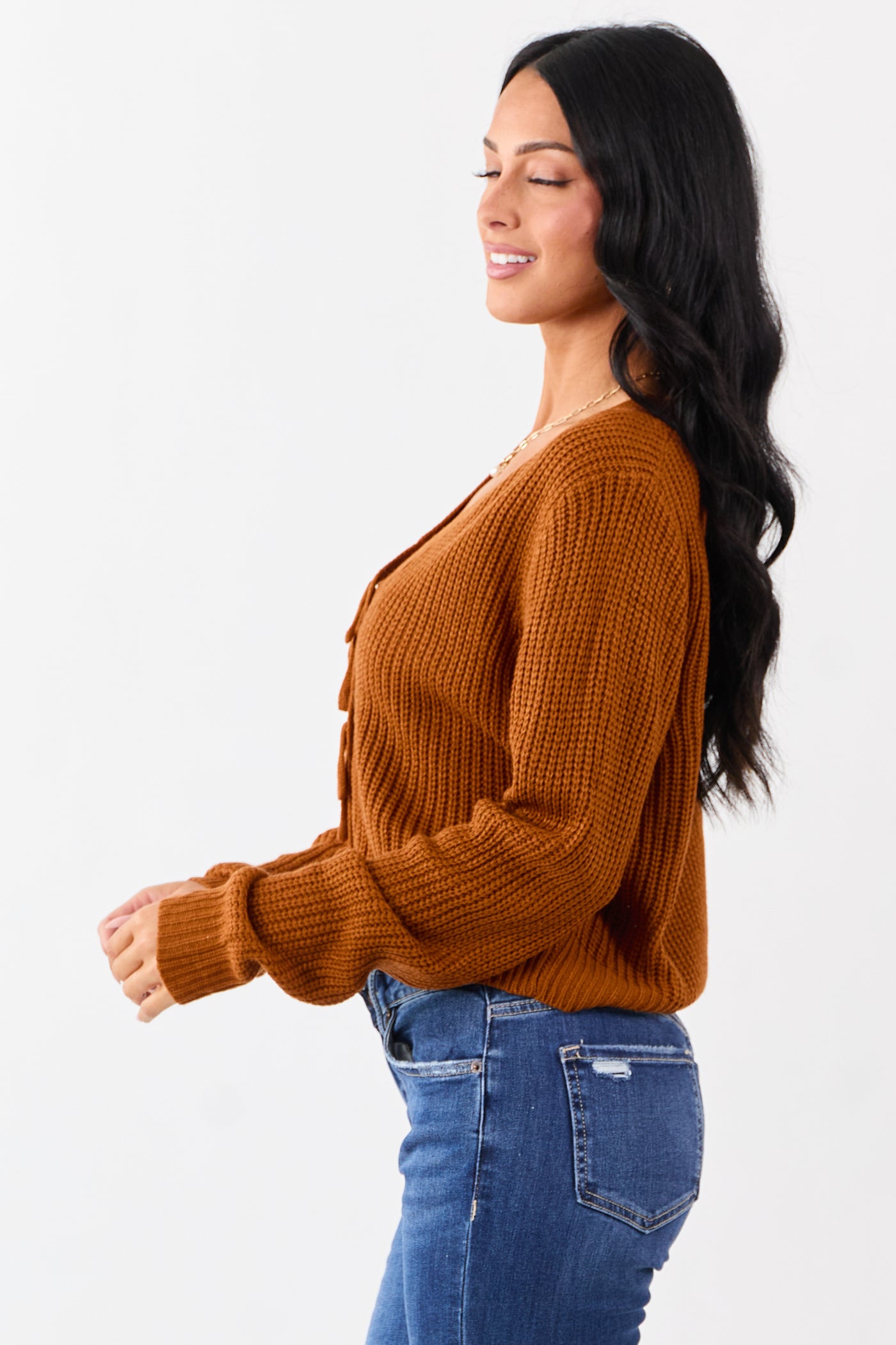Rust Rib Knit Button Down Bow Sweater Cardigan