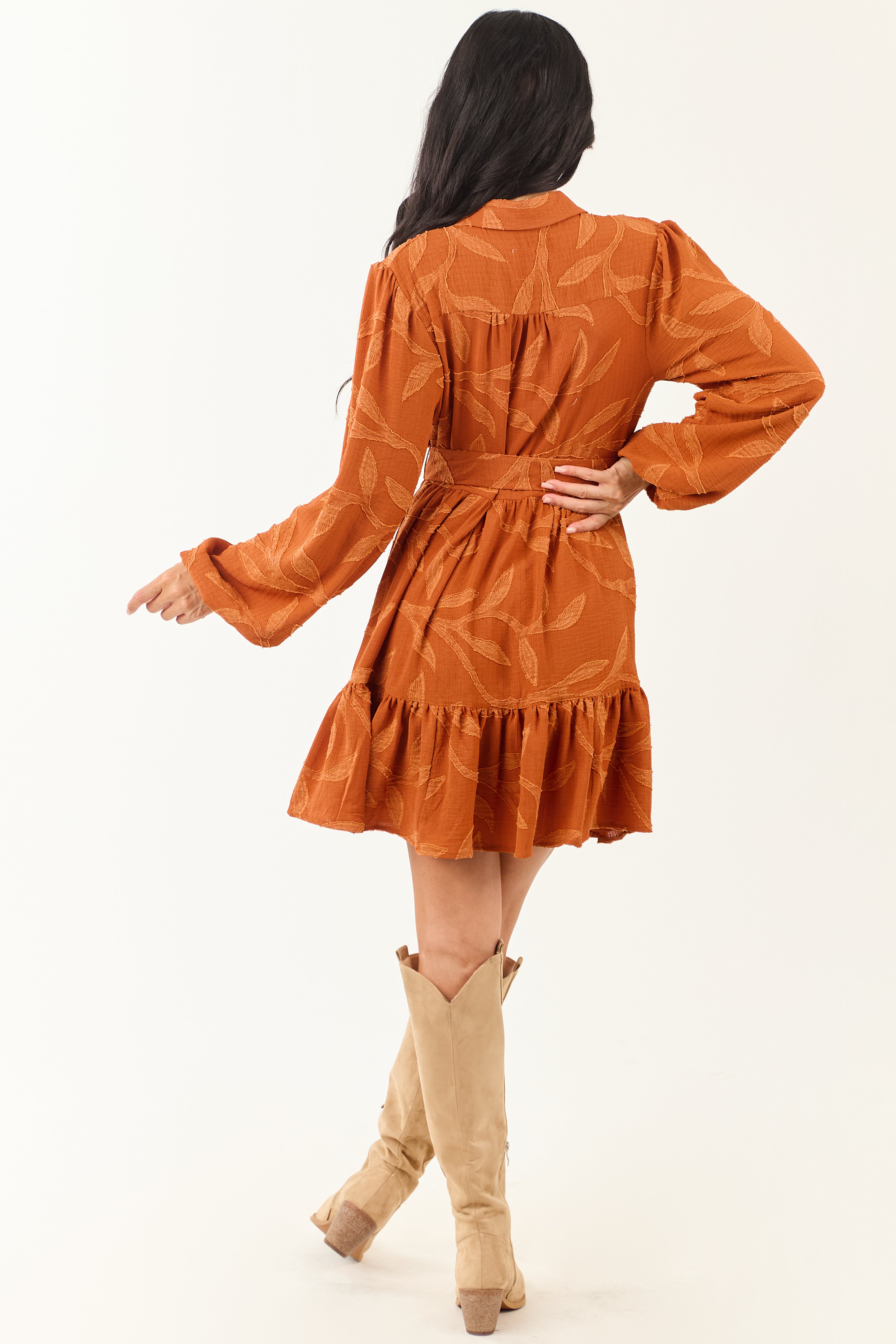 Rust Textured Jacquard Leaf Collared Mini Dress