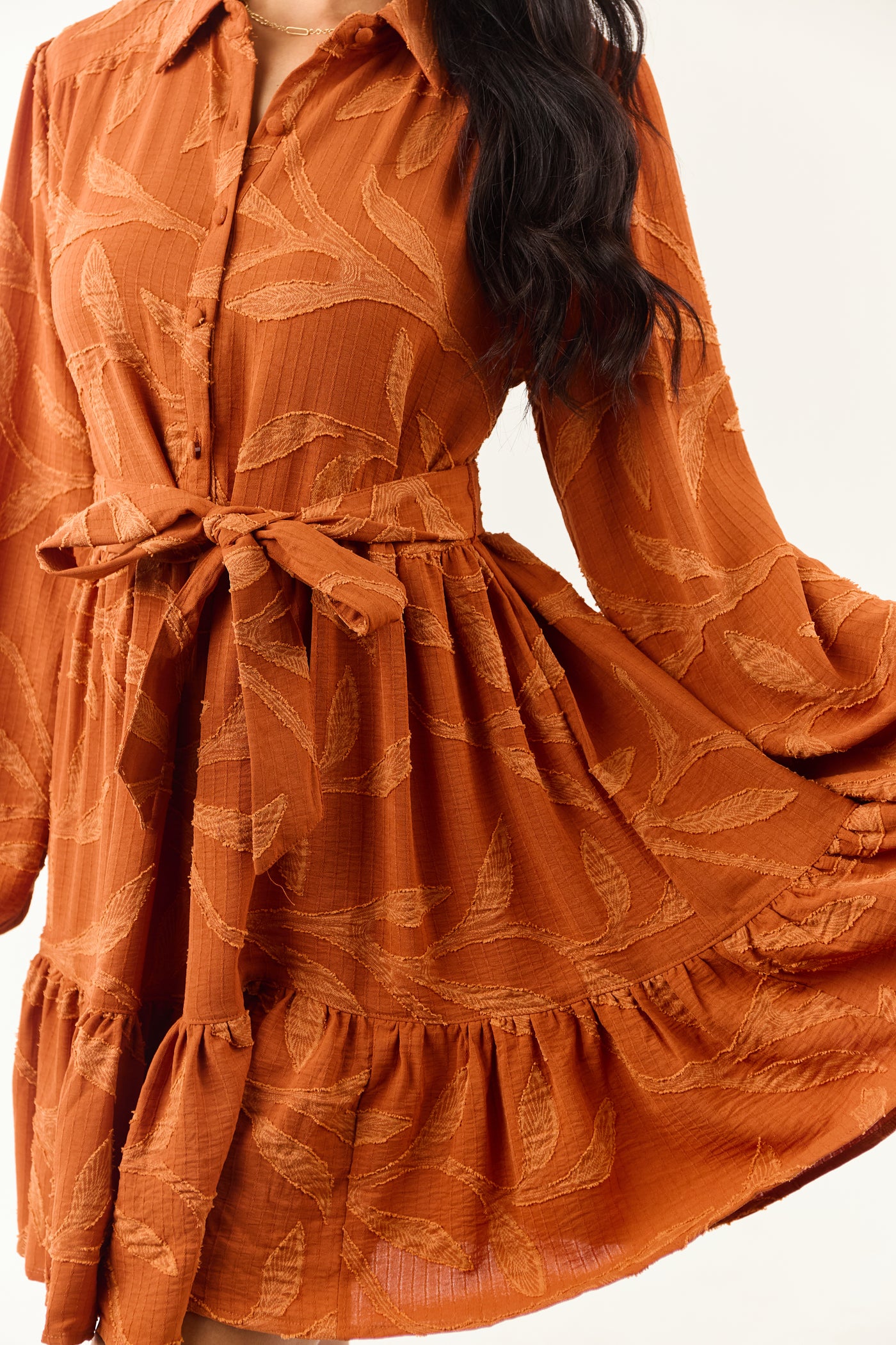 Rust Textured Jacquard Leaf Collared Mini Dress