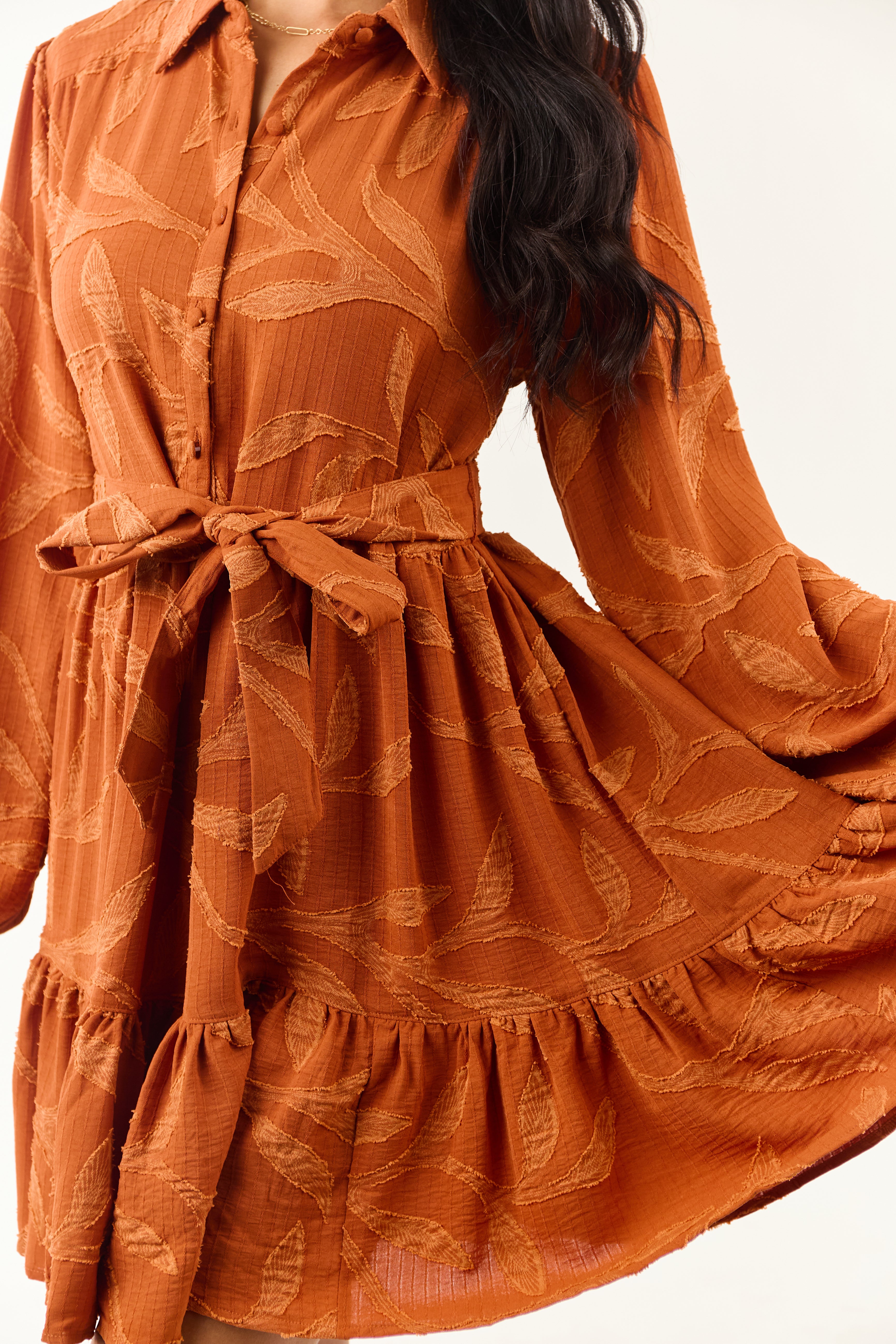 Rust Textured Jacquard Leaf Collared Mini Dress