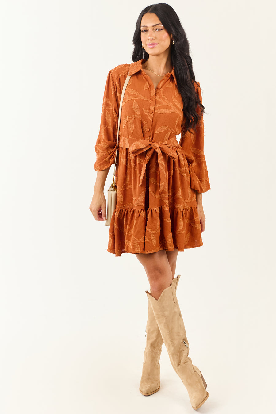 Rust Textured Jacquard Leaf Collared Mini Dress