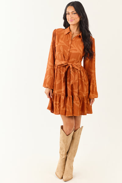 Rust Textured Jacquard Leaf Collared Mini Dress