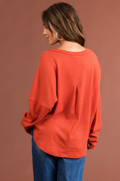Rust Textured Knit Long Sleeve Henley Top