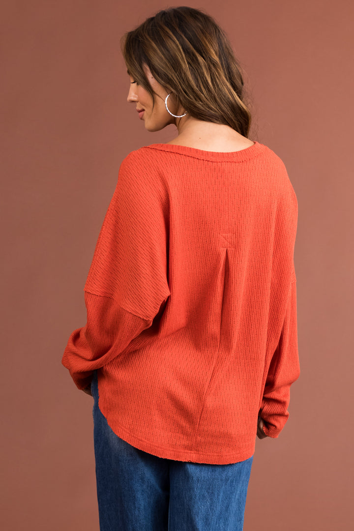 Rust Textured Knit Long Sleeve Henley Top