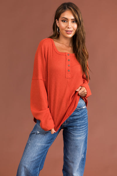 Rust Textured Knit Long Sleeve Henley Top