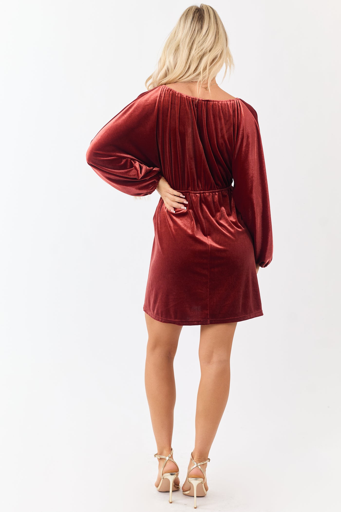 Rust Velvet Long Sleeve V Neck Mini Dress