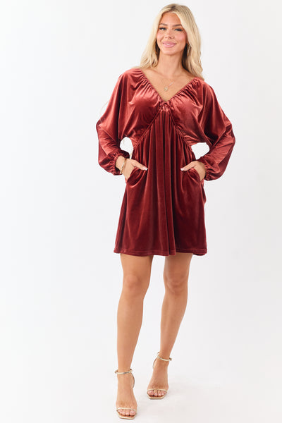 Rust Velvet Long Sleeve V Neck Mini Dress