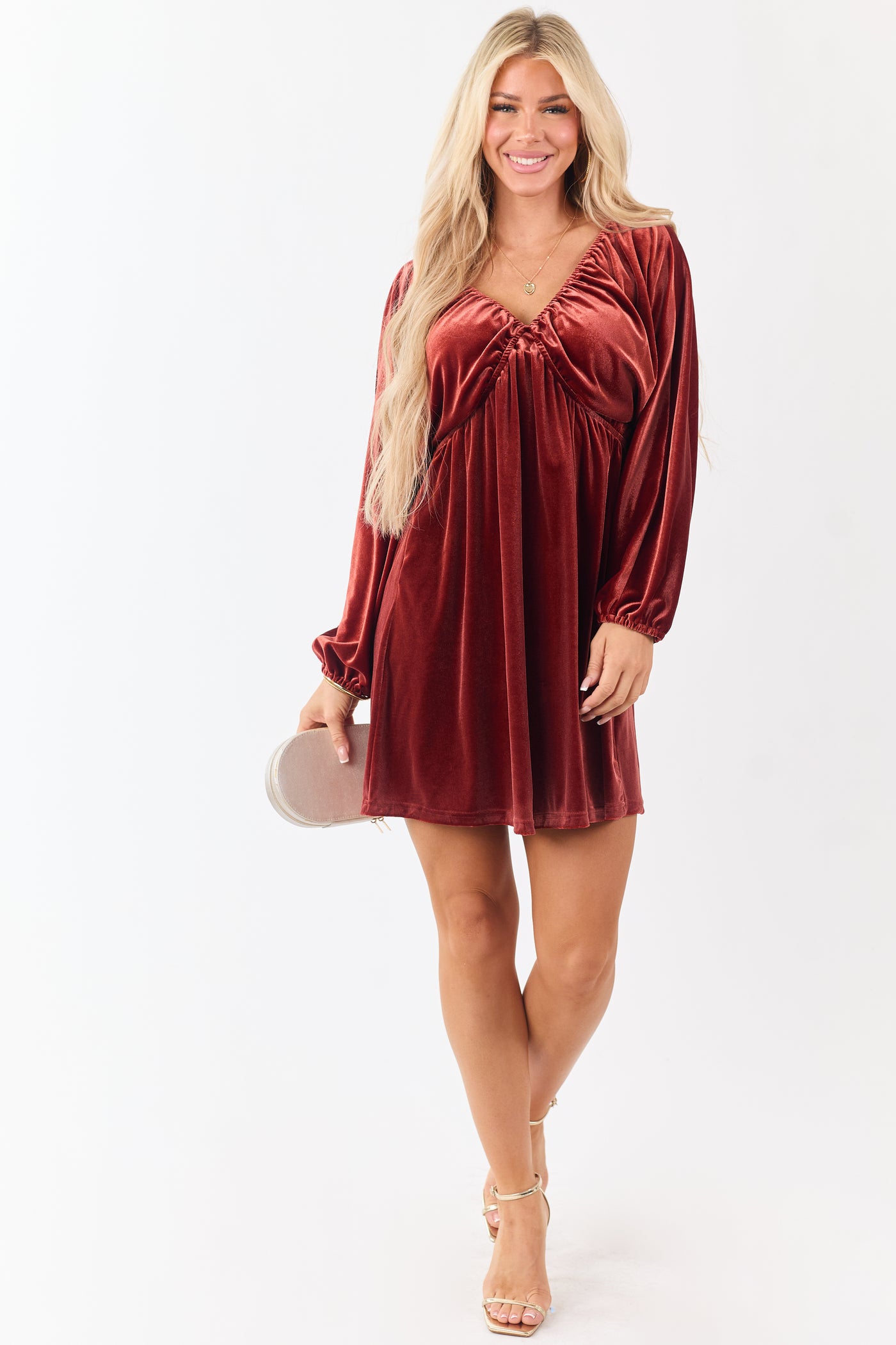 Rust Velvet Long Sleeve V Neck Mini Dress