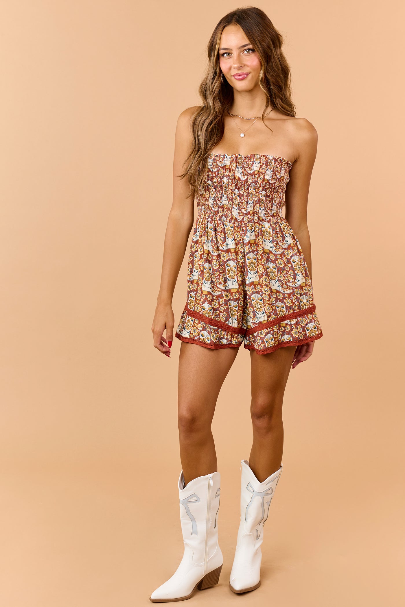 Rust Western Print Smocked Strapless Romper