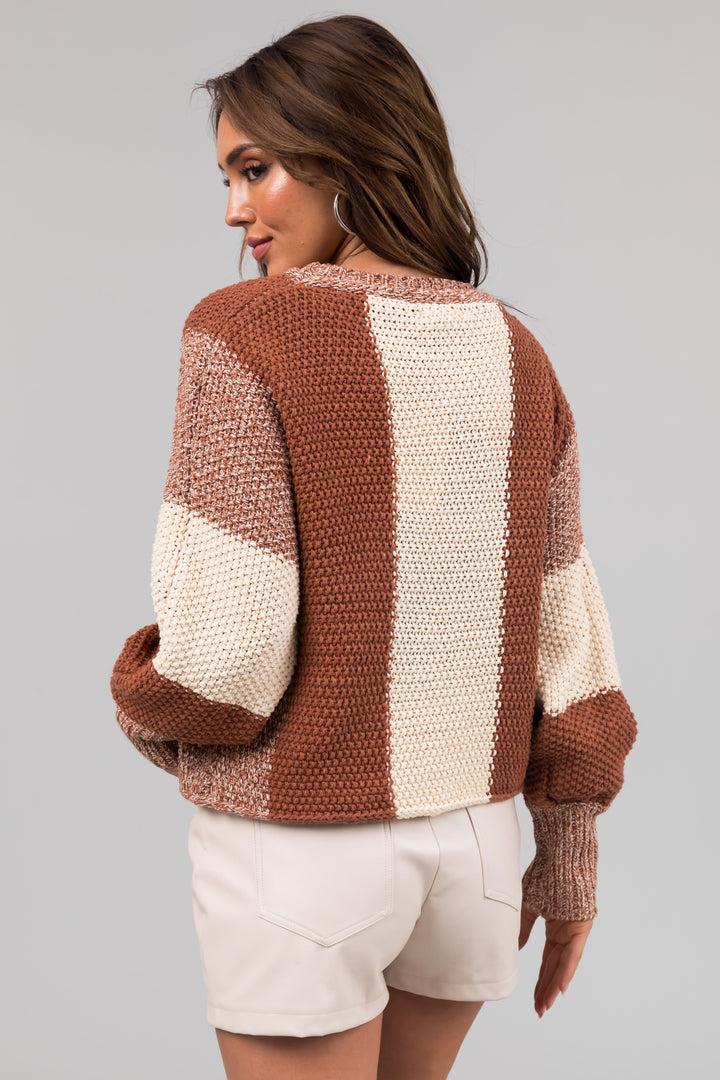 Rust and Cream Colorblock Chunky Knit Sweater