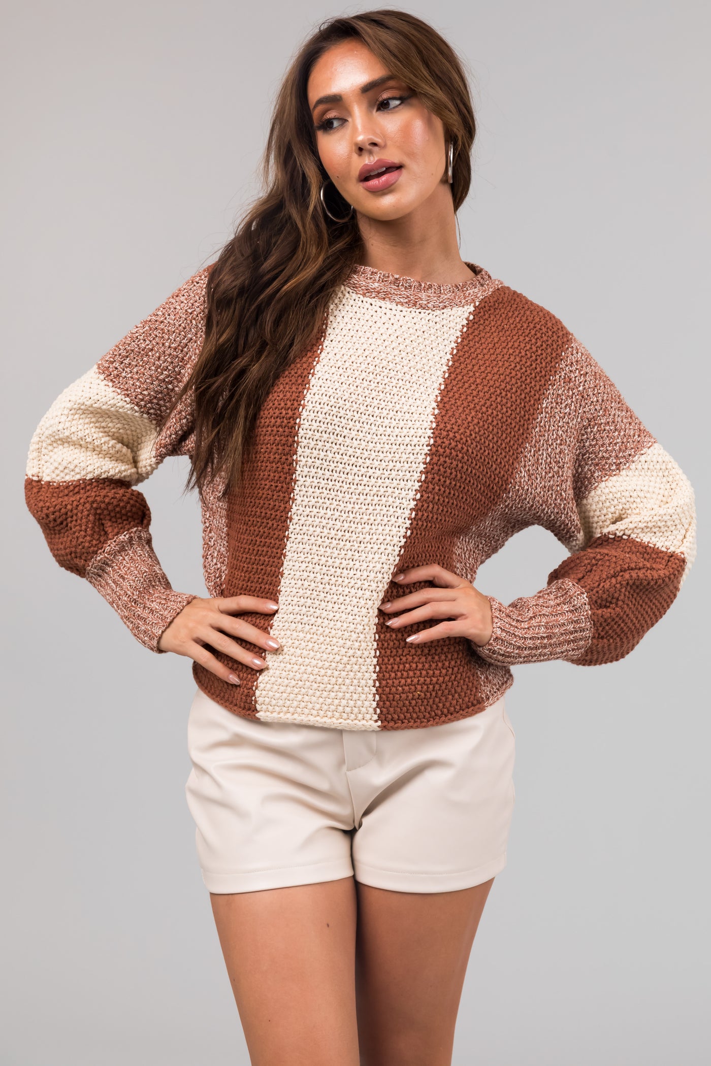 Rust and Cream Colorblock Chunky Knit Sweater