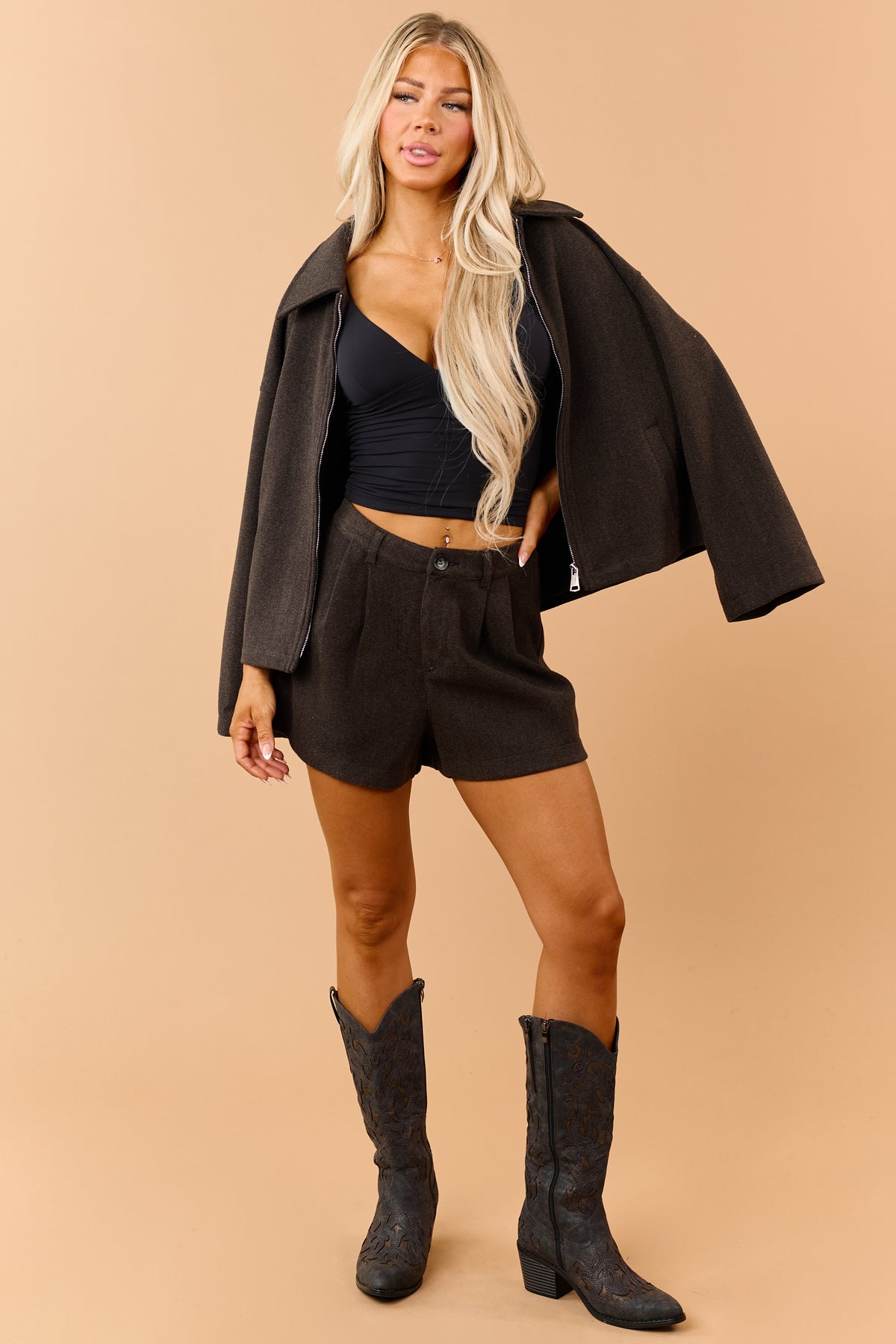 Rustic Black Pleated Soft Knit High Waisted Shorts