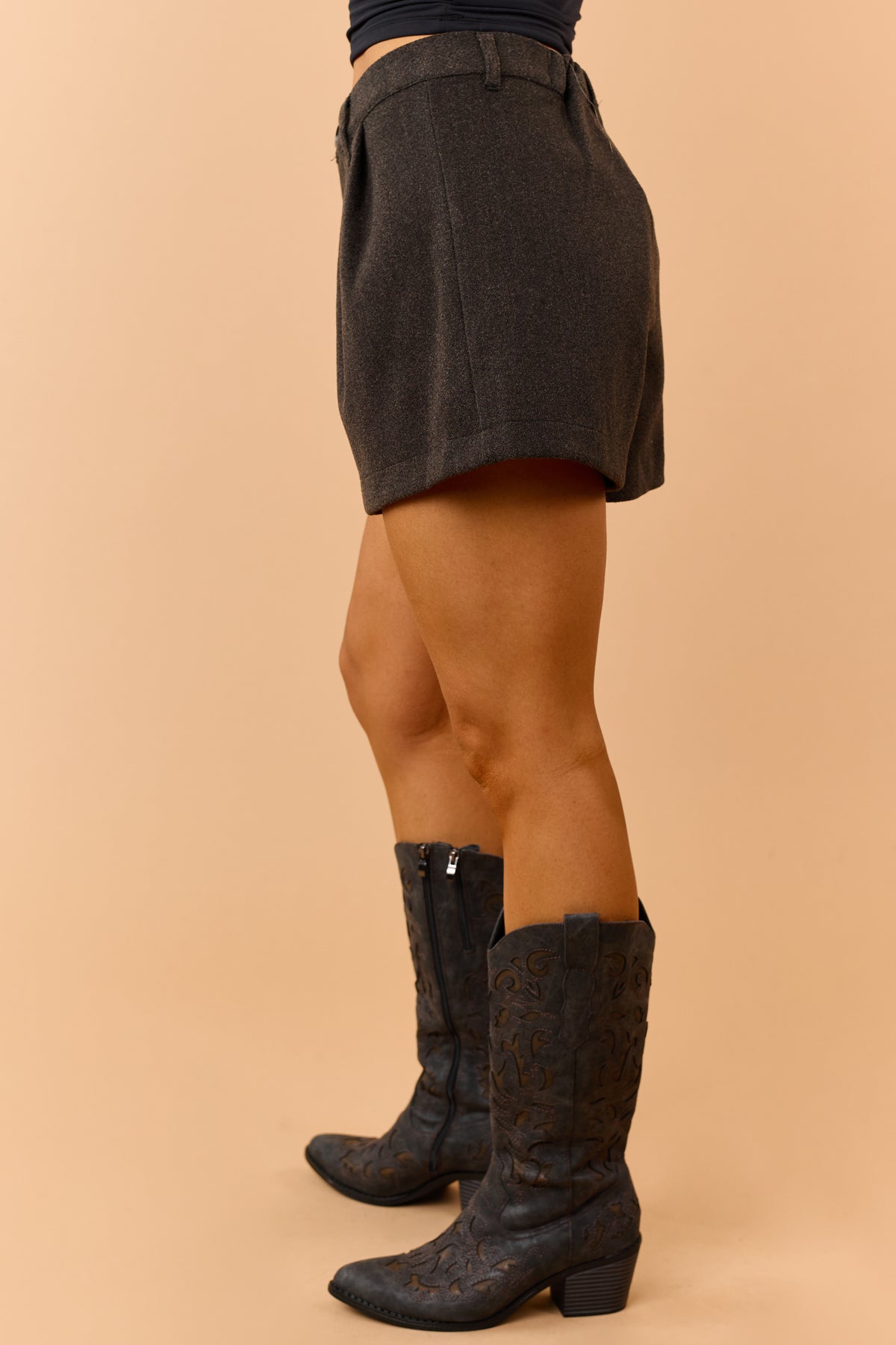 Rustic Black Pleated Soft Knit High Waisted Shorts