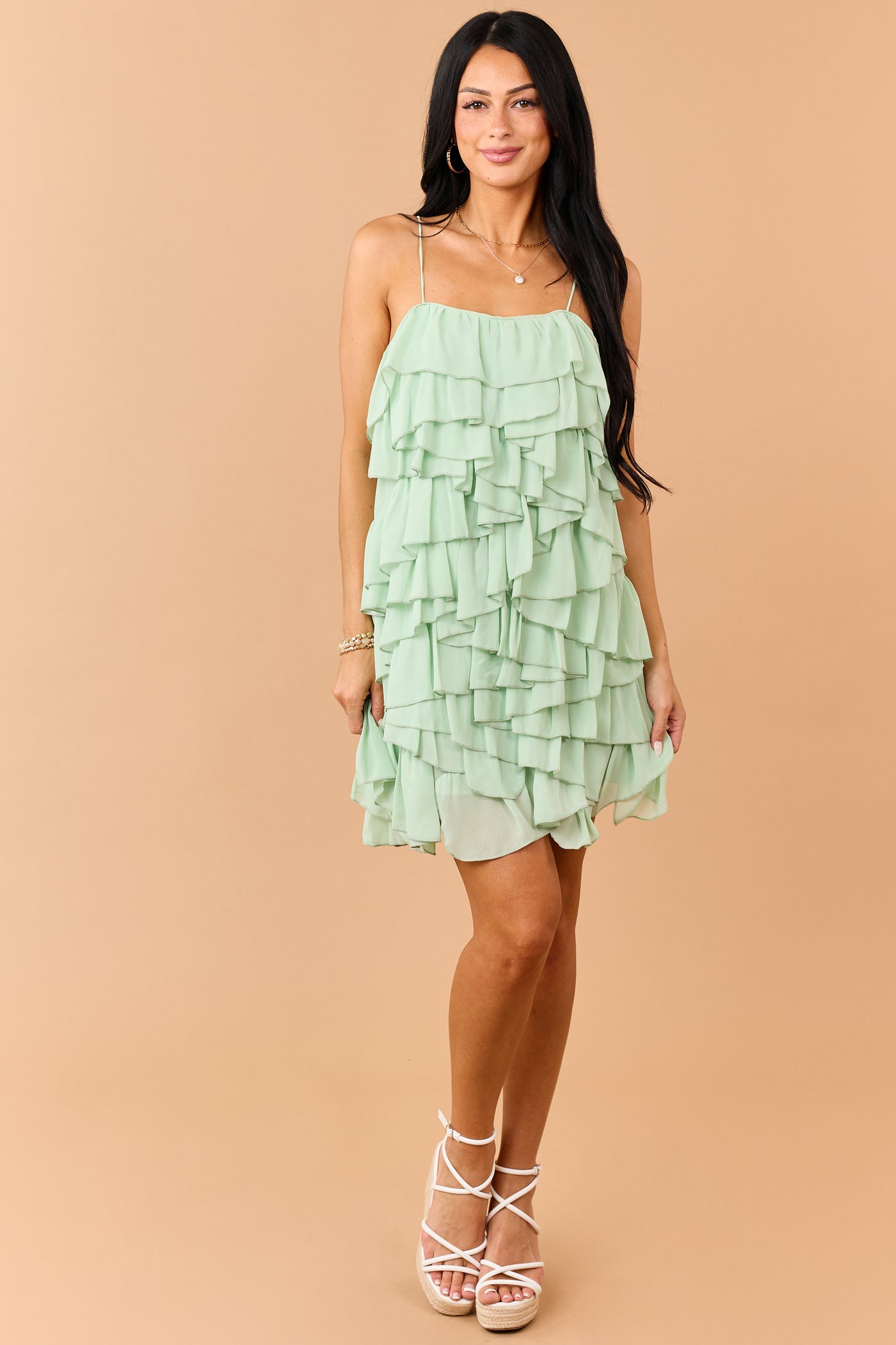 Sage Asymmetrical Tiered Ruffle Sleeveless Mini Dress